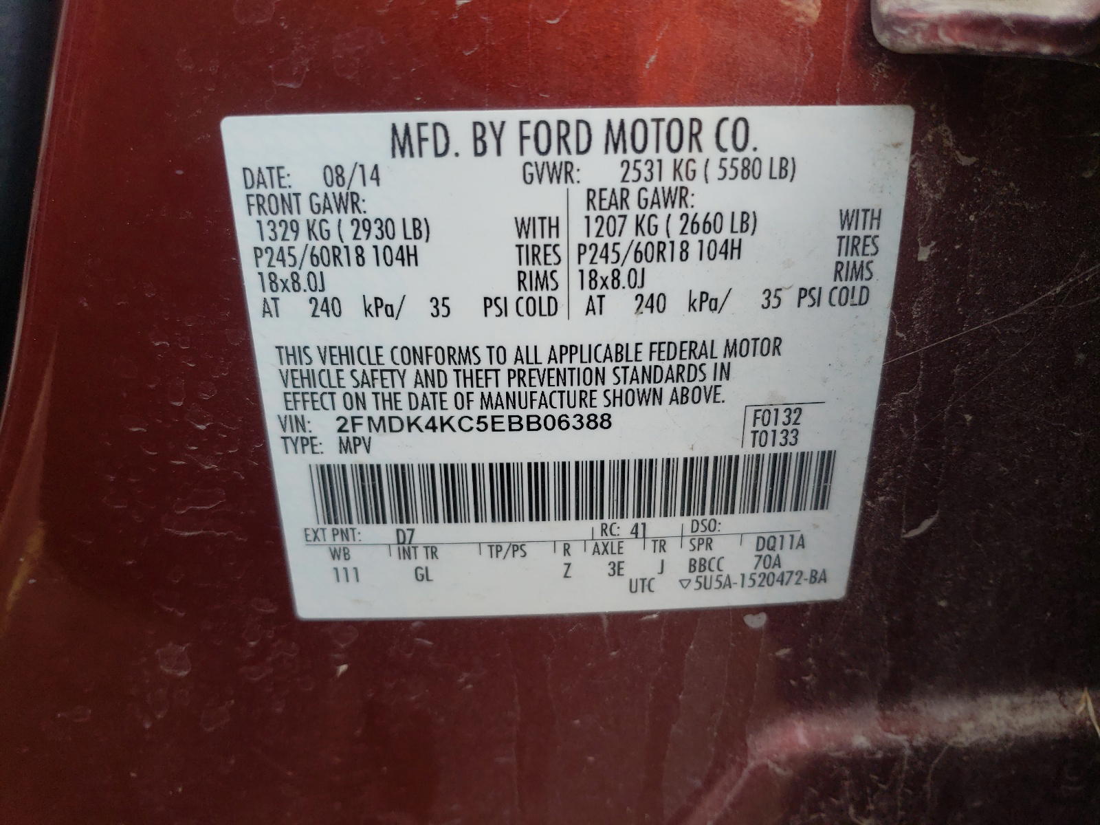 Photo 10 from auction – 2014 FORD EDGE LIMIT with VIN 2FMDK4KC5EBB06388