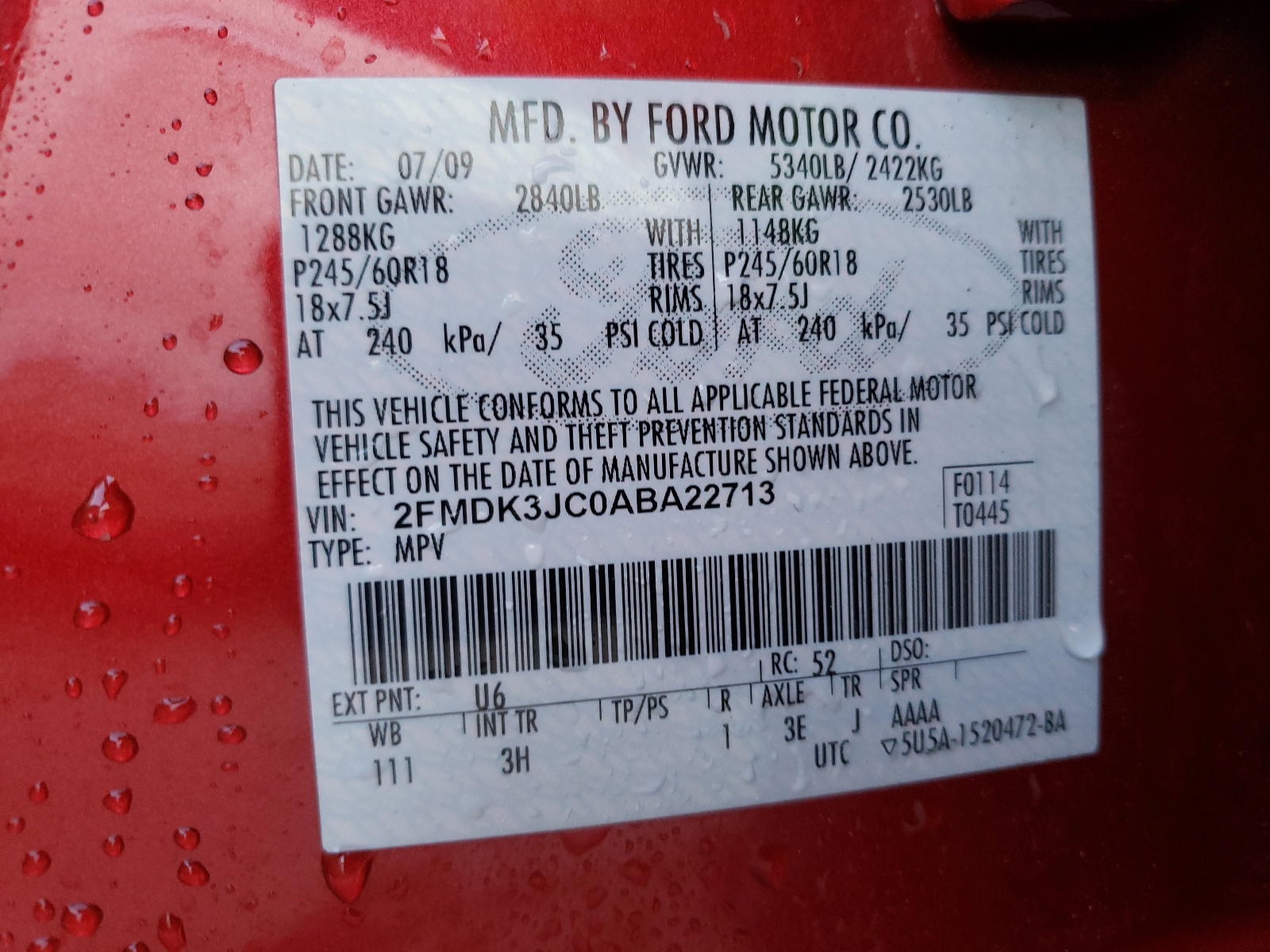 Photo 10 from auction – 2010 FORD EDGE SEL with VIN 2FMDK3JC0ABA22713