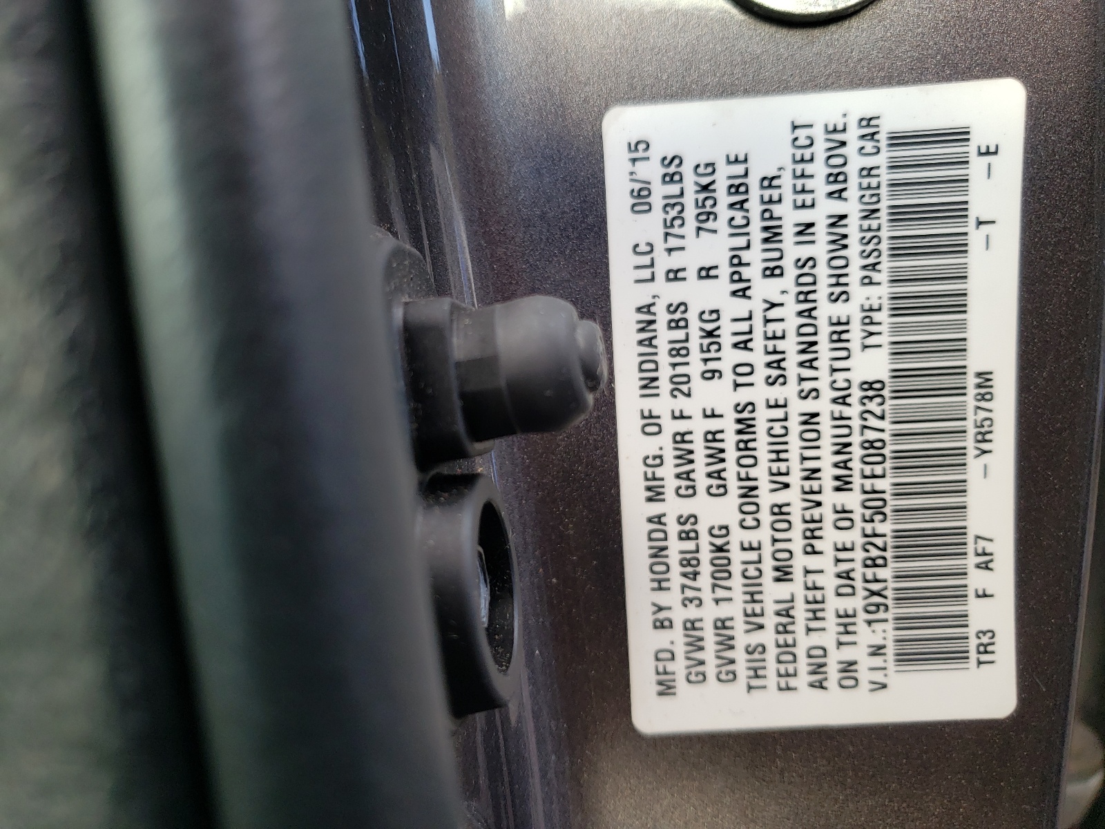 Photo 10 from auction – 2015 HONDA CIVIC LX with VIN 19XFB2F50FE087238