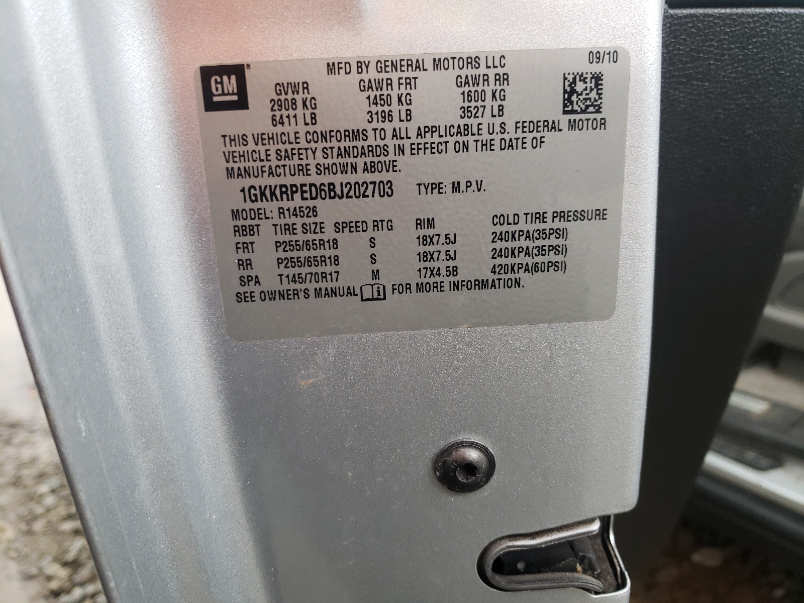 Photo 10 from auction – 2011 GMC ACADIA SLE with VIN 1GKKRPED6BJ202703