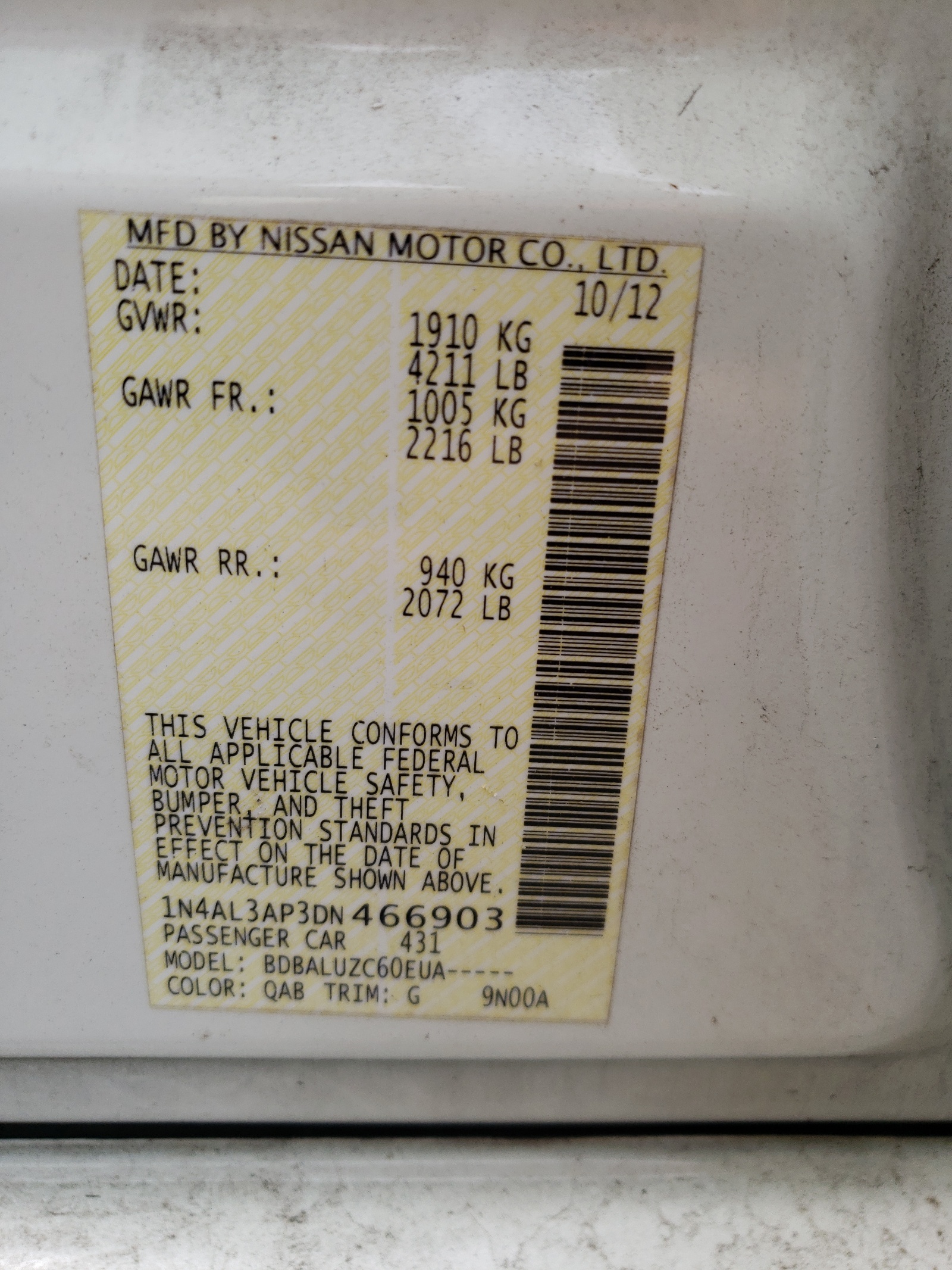 Photo 10 from auction – 2013 NISSAN ALTIMA 2.5 with VIN 1N4AL3AP3DN466903