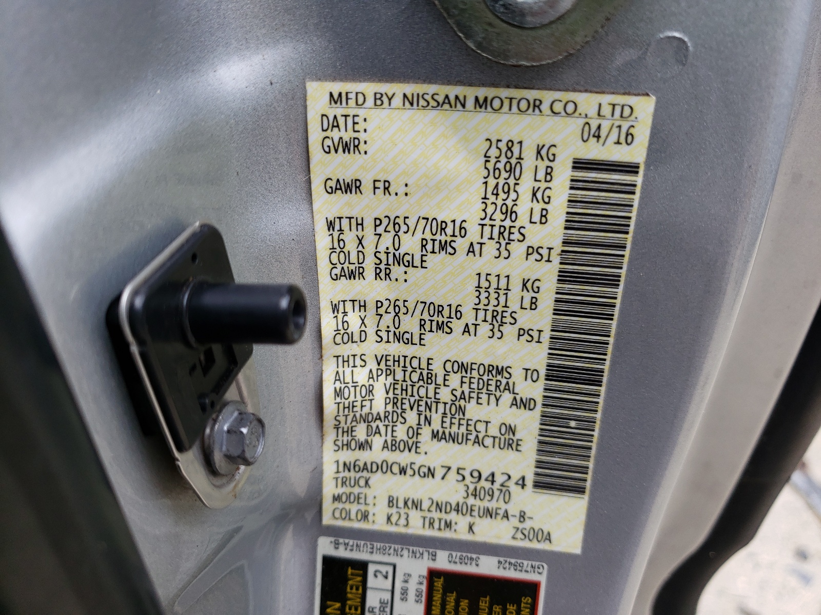 Photo 10 from auction – 2016 NISSAN FRONTIER S with VIN 1N6AD0CW5GN759424