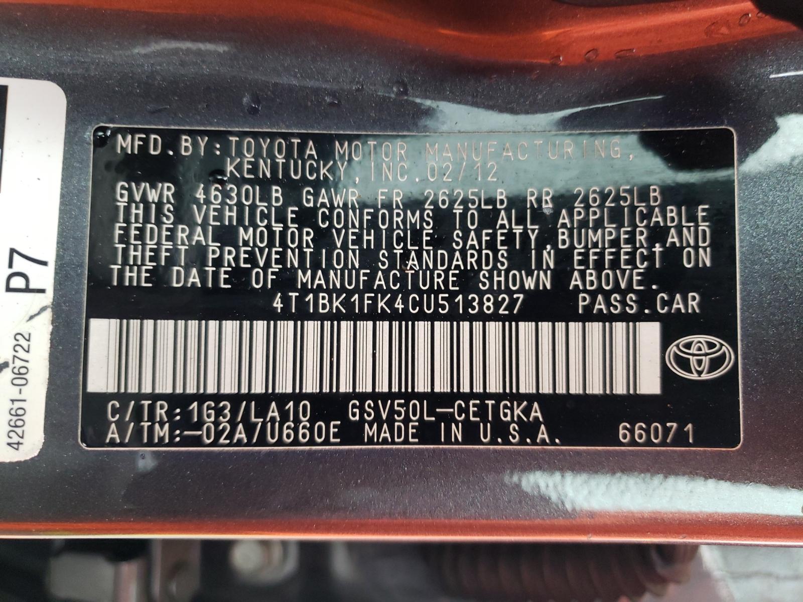 Photo 10 from auction – 2012 TOYOTA CAMRY SE with VIN 4T1BK1FK4CU513827