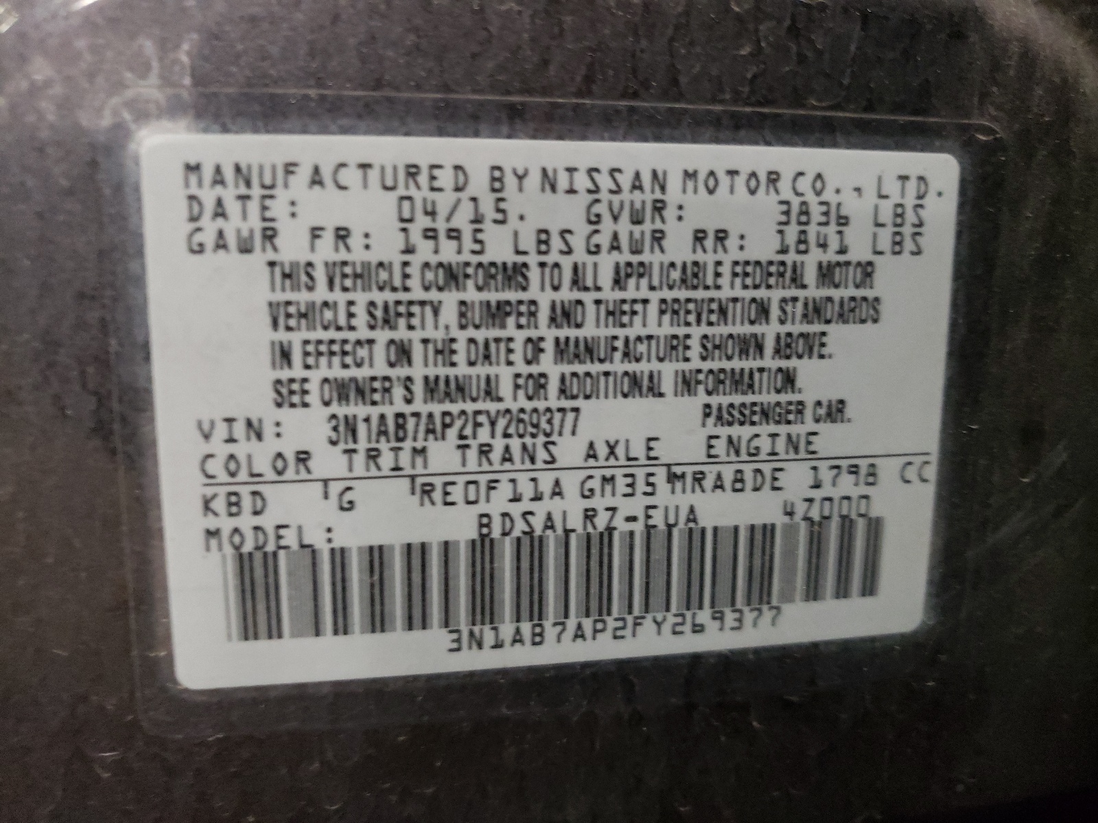 Photo 10 from auction – 2015 NISSAN SENTRA S with VIN 3N1AB7AP2FY269377