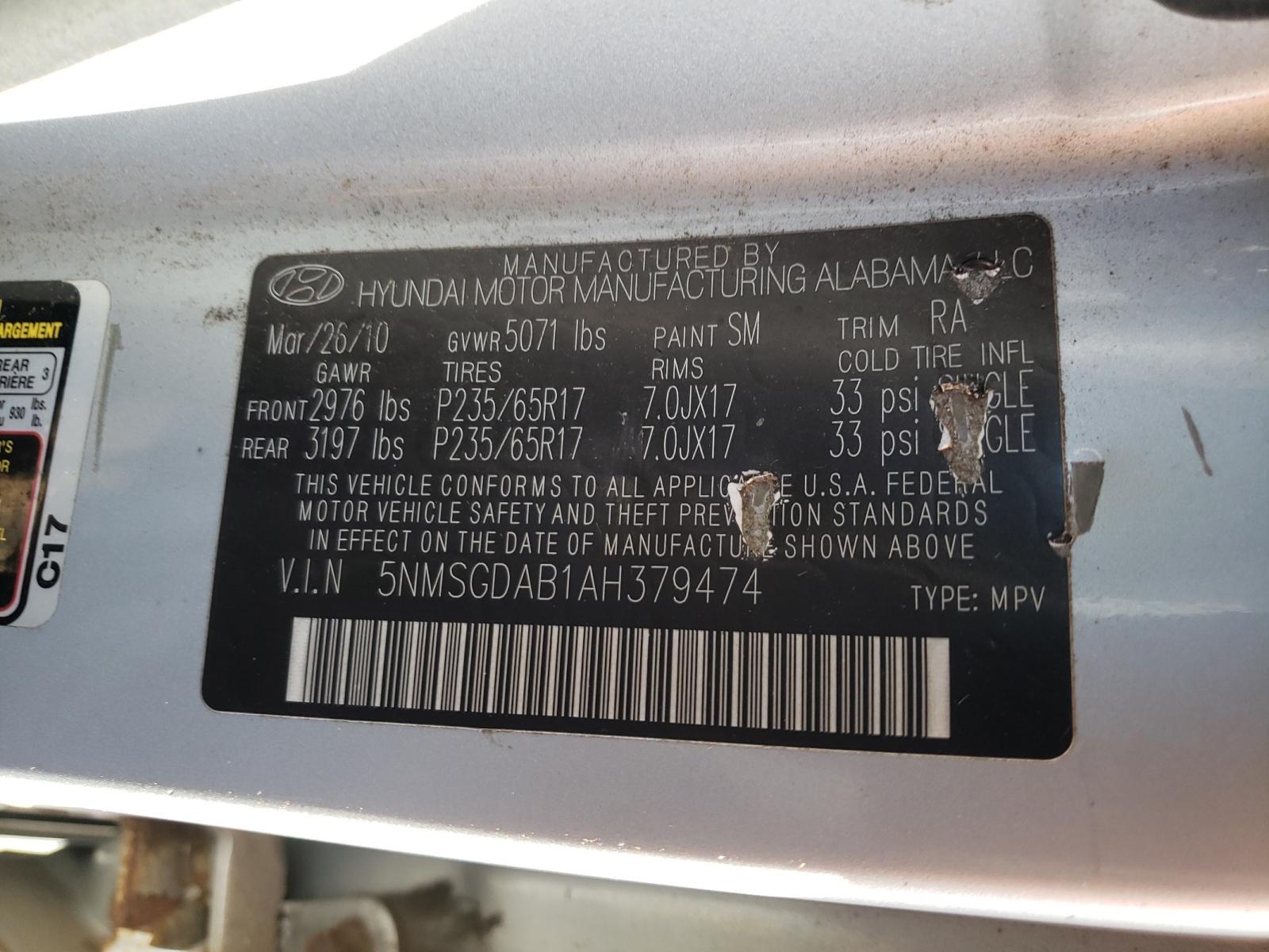 Photo 10 from auction – 2010 HYUNDAI SANTA FE with VIN 5NMSGDAB1AH379474