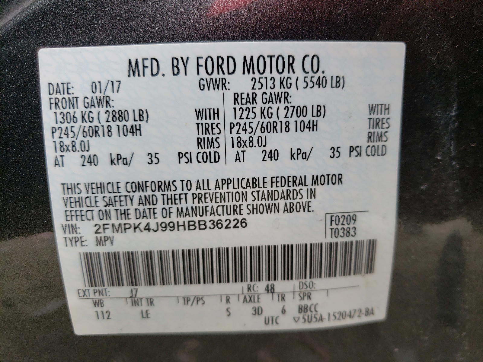 Photo 10 from auction – 2017 FORD EDGE SEL with VIN 2FMPK4J99HBB36226