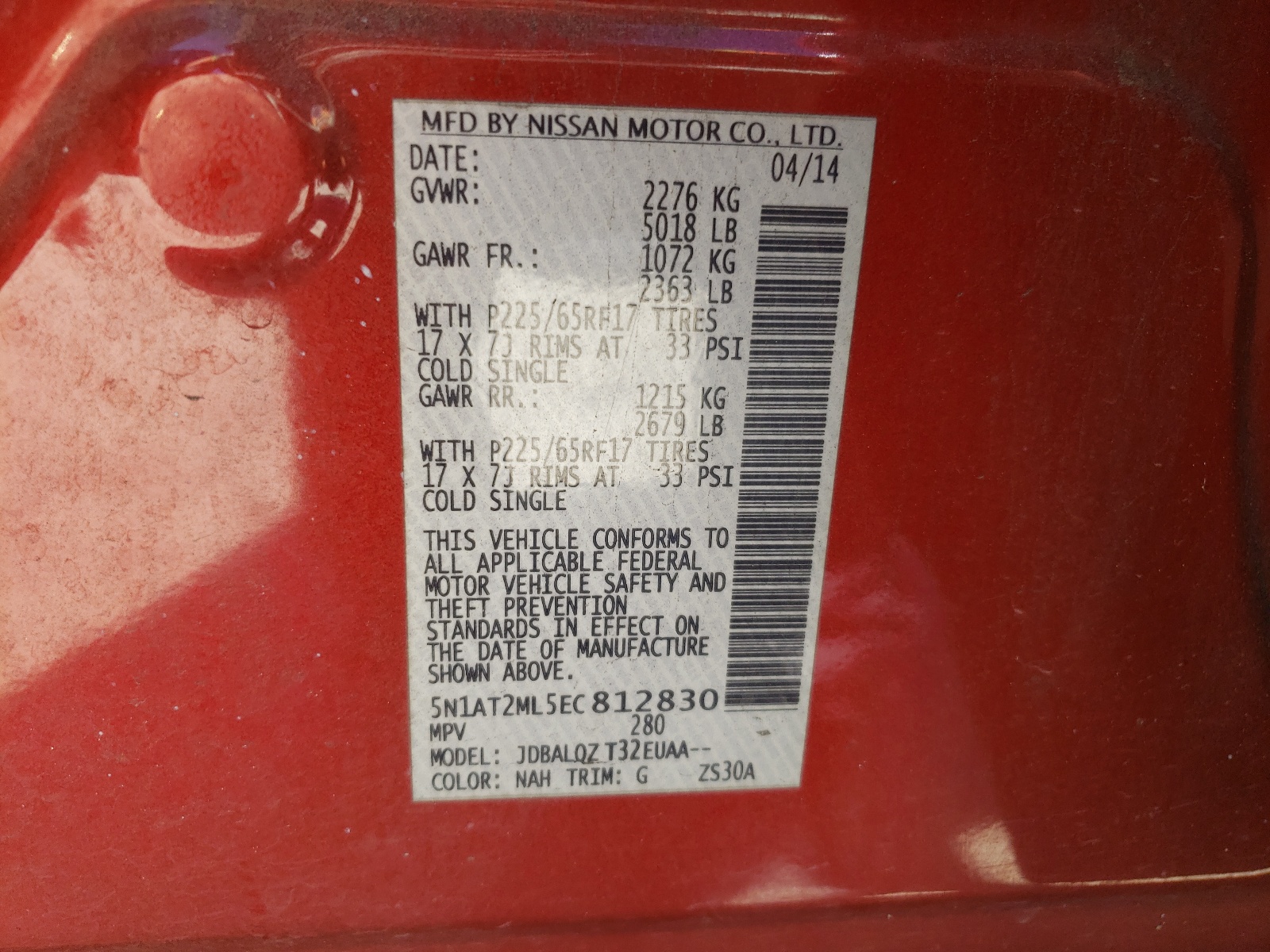 Photo 10 from auction – 2014 NISSAN ROGUE S with VIN 5N1AT2ML5EC812830