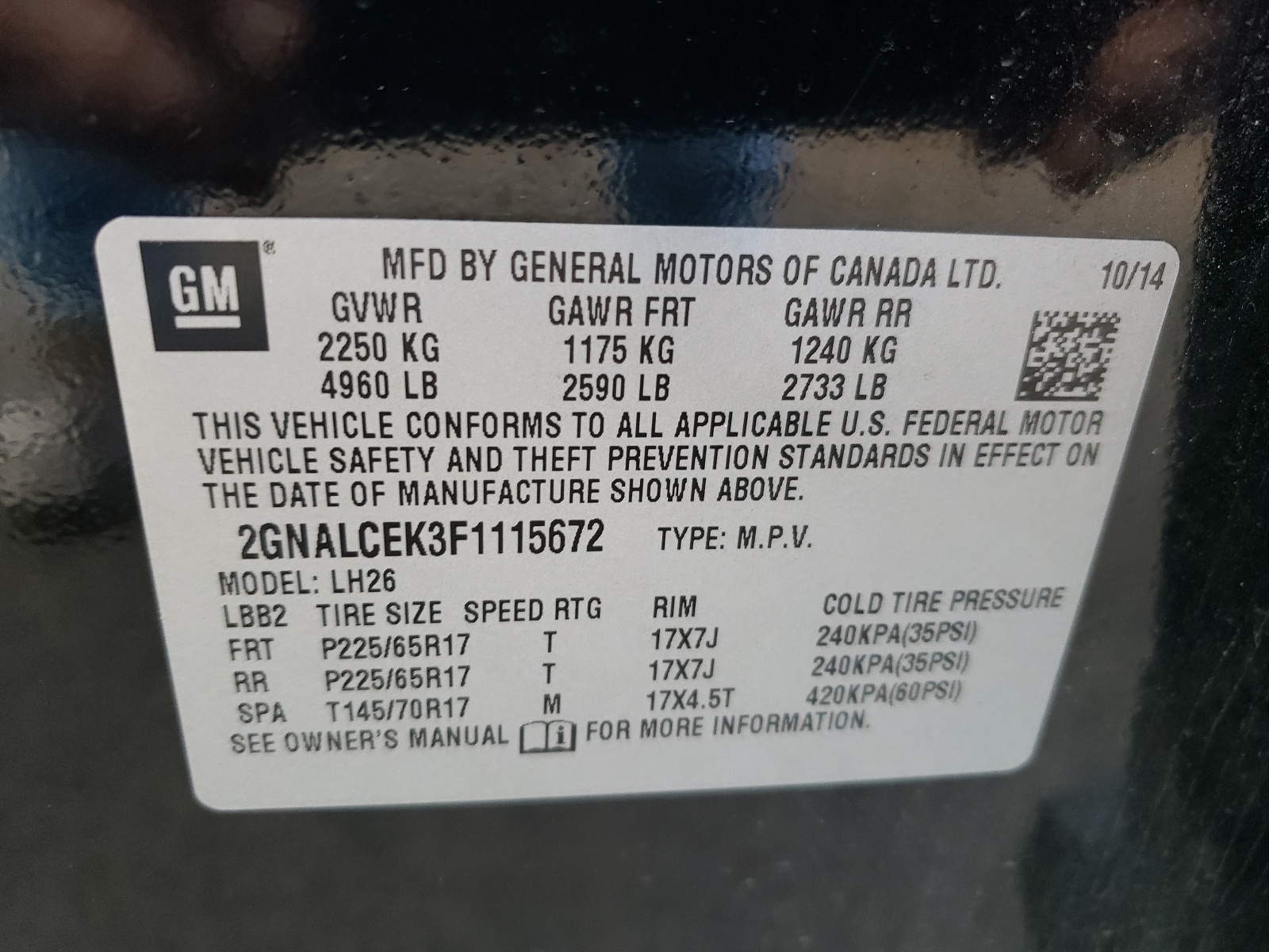 Photo 10 from auction – 2015 CHEVROLET EQUINOX LT with VIN 2GNALCEK3F1115672
