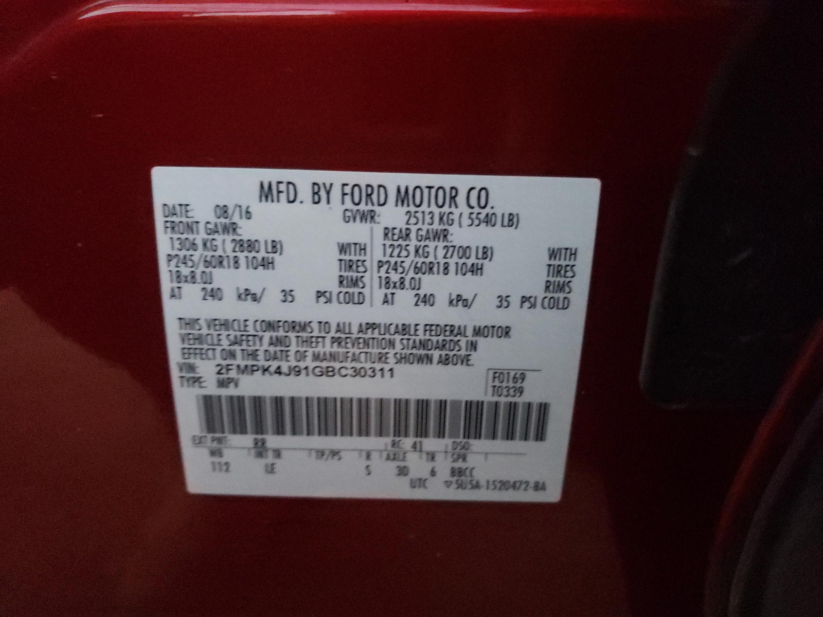 Photo 10 from auction – 2016 FORD EDGE SEL with VIN 2FMPK4J91GBC30311