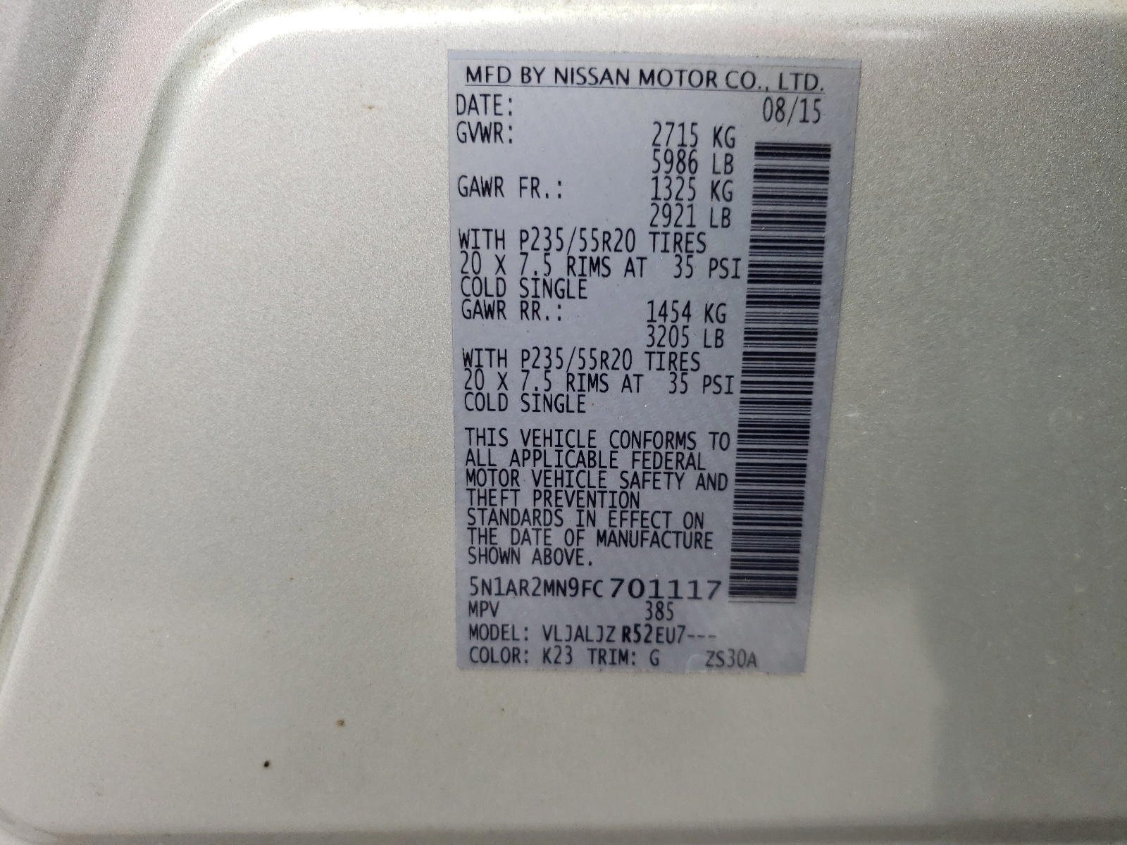 Photo 10 from auction – 2015 NISSAN PATHFINDER with VIN 5N1AR2MN9FC701117