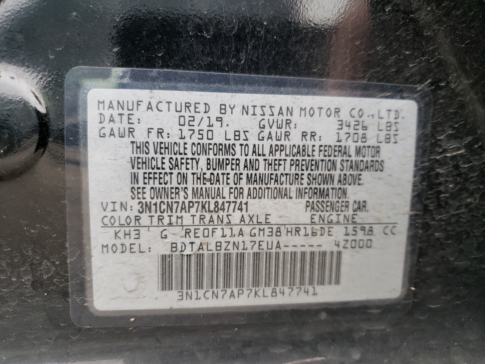 Photo 10 from auction – 2019 NISSAN VERSA S with VIN 3N1CN7AP7KL847741