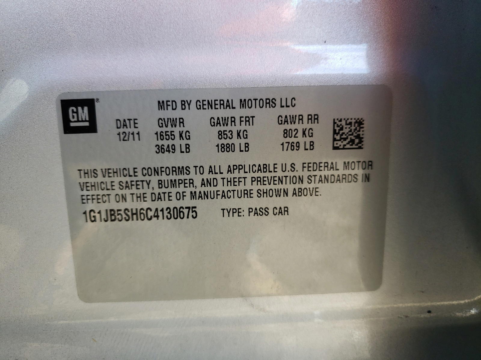 Photo 10 from auction – 2012 CHEVROLET SONIC LS with VIN 1G1JB5SH6C4130675