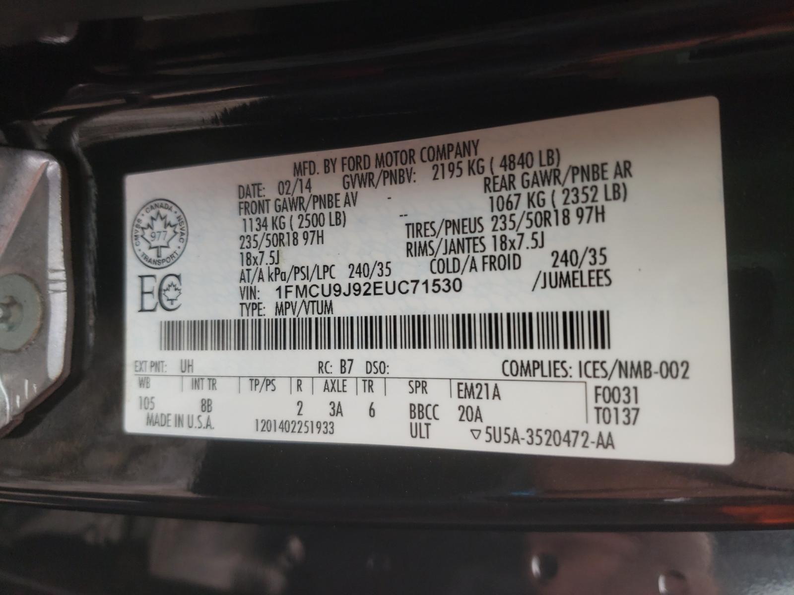 Photo 10 from auction – 2014 FORD ESCAPE TIT with VIN 1FMCU9J92EUC71530