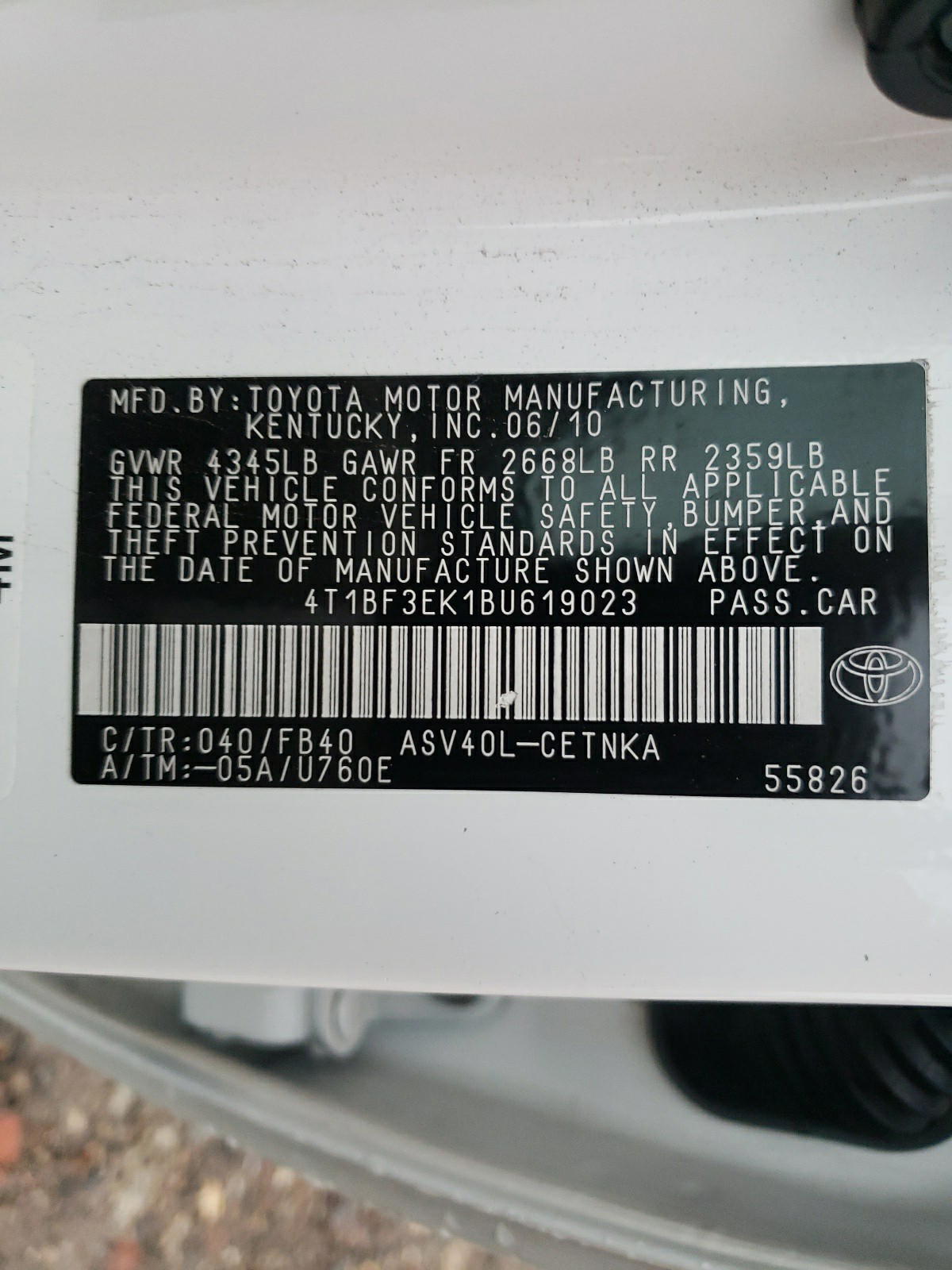Photo 10 from auction – 2011 TOYOTA CAMRY BASE with VIN 4T1BF3EK1BU619023