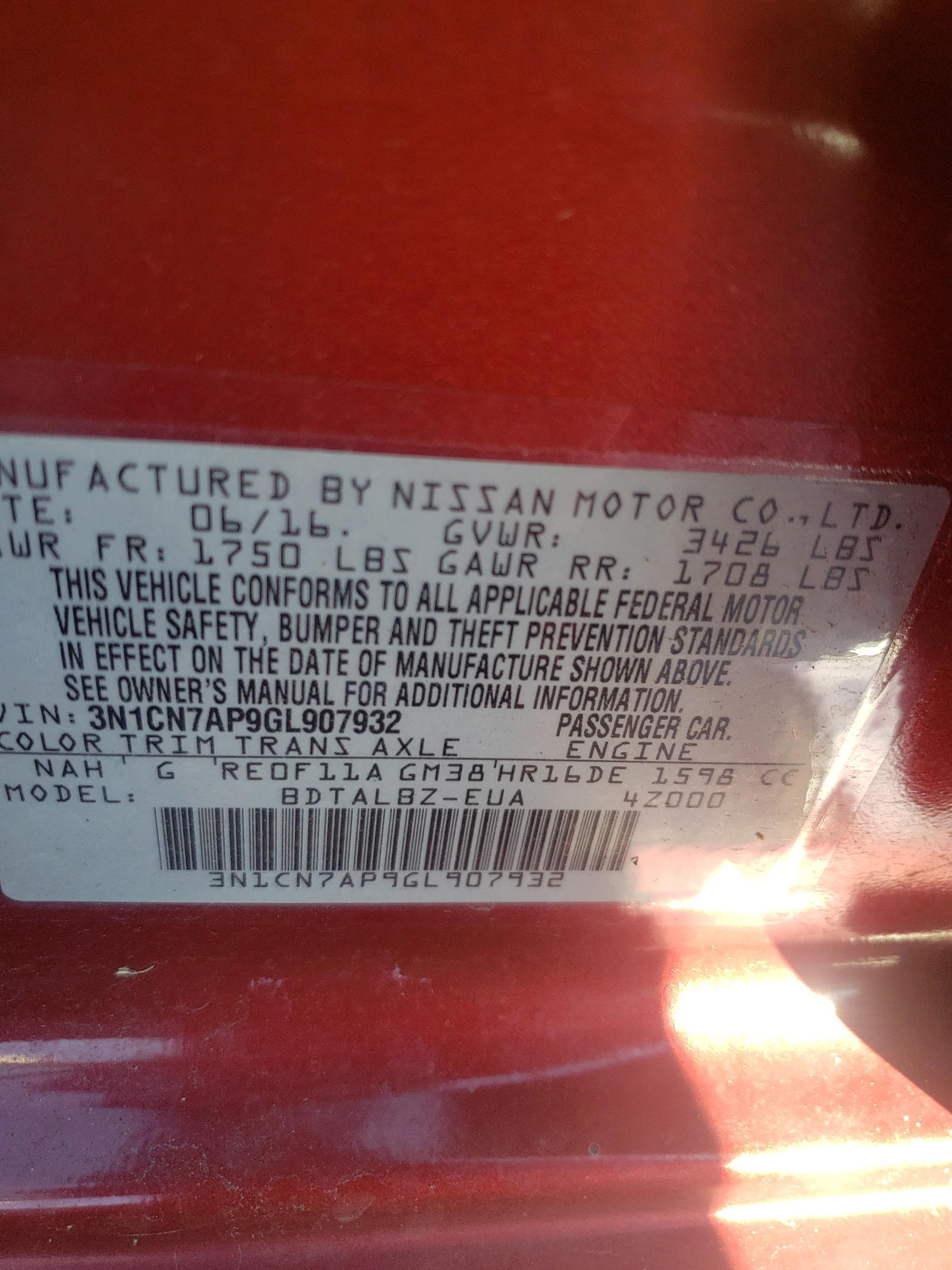 Photo 10 from auction – 2016 NISSAN VERSA S with VIN 3N1CN7AP9GL907932