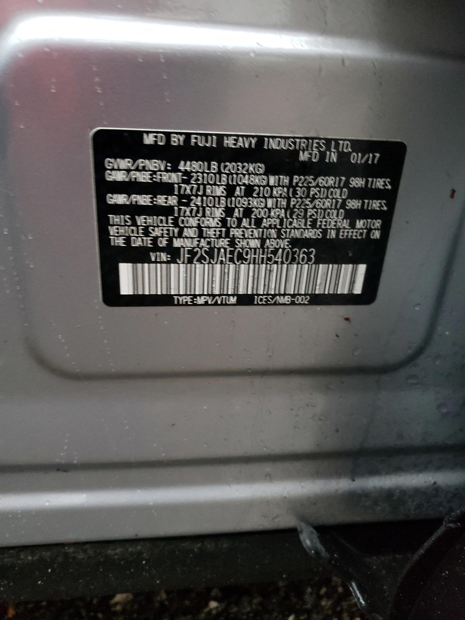 Photo 10 from auction – 2017 SUBARU FORESTER 2 with VIN JF2SJAEC9HH540363