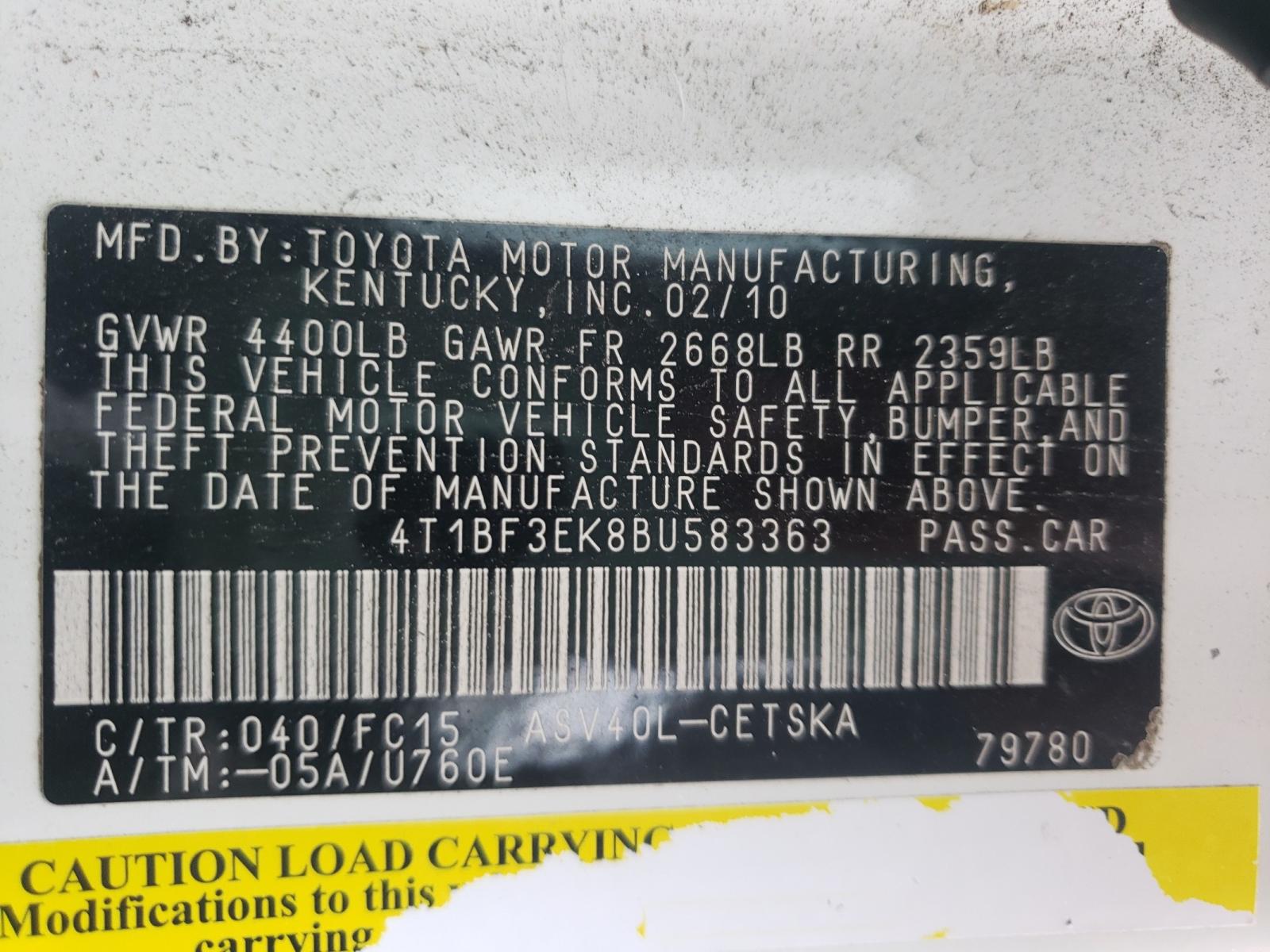 Photo 10 from auction – 2011 TOYOTA CAMARY SE with VIN 4T1BF3EK8BU583363