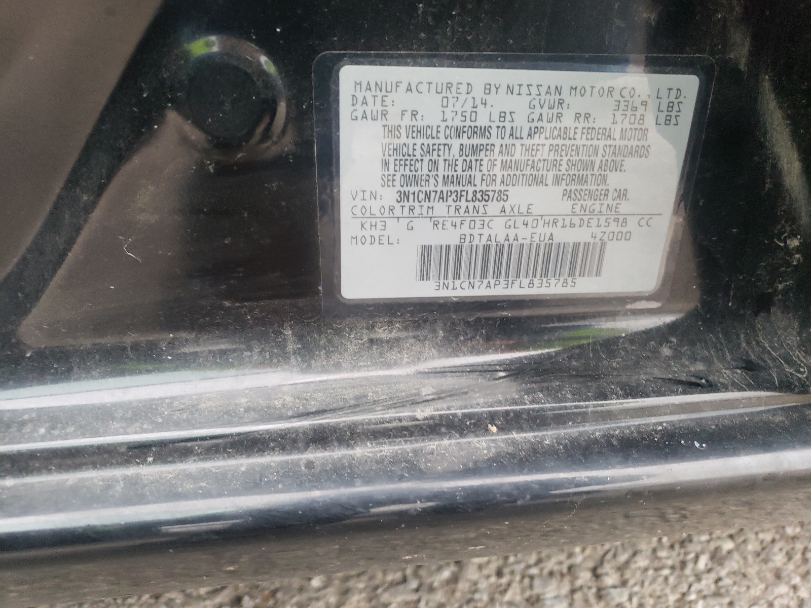 Photo 10 from auction – 2015 NISSAN VERSA S with VIN 3N1CN7AP3FL835785