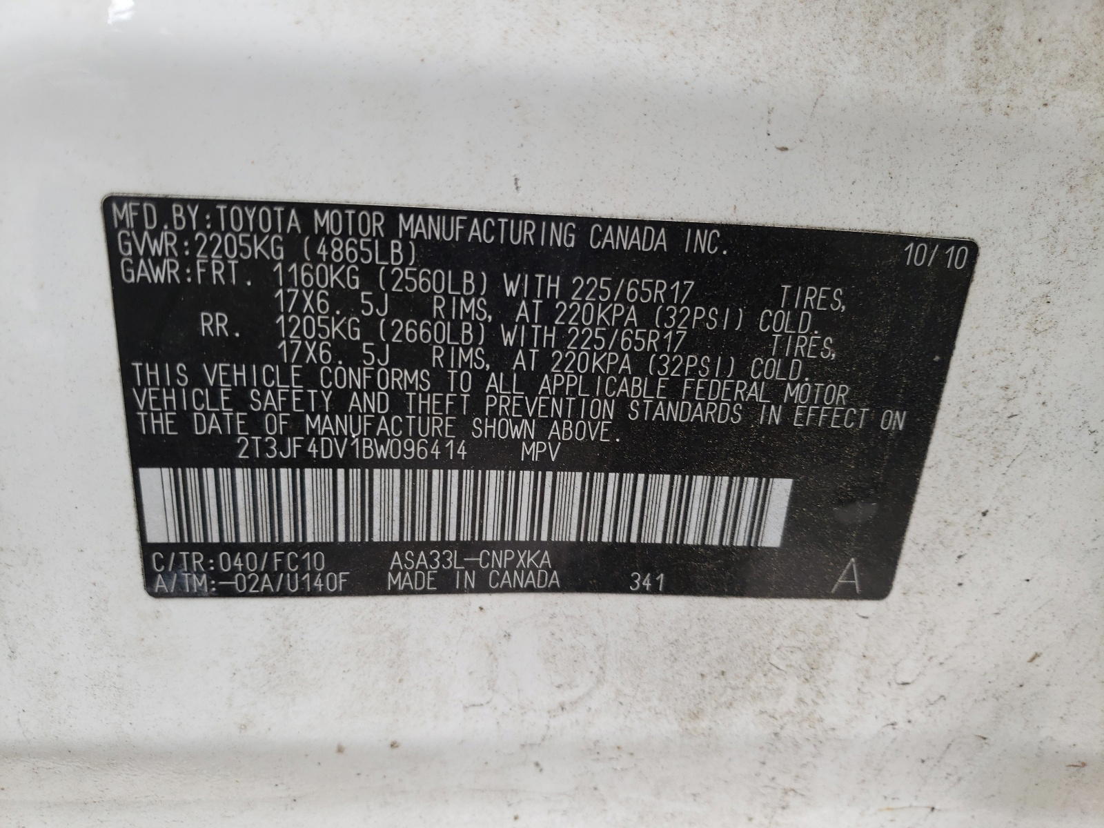 Photo 10 from auction – 2011 TOYOTA RAV4 with VIN 2T3JF4DV1BW096414