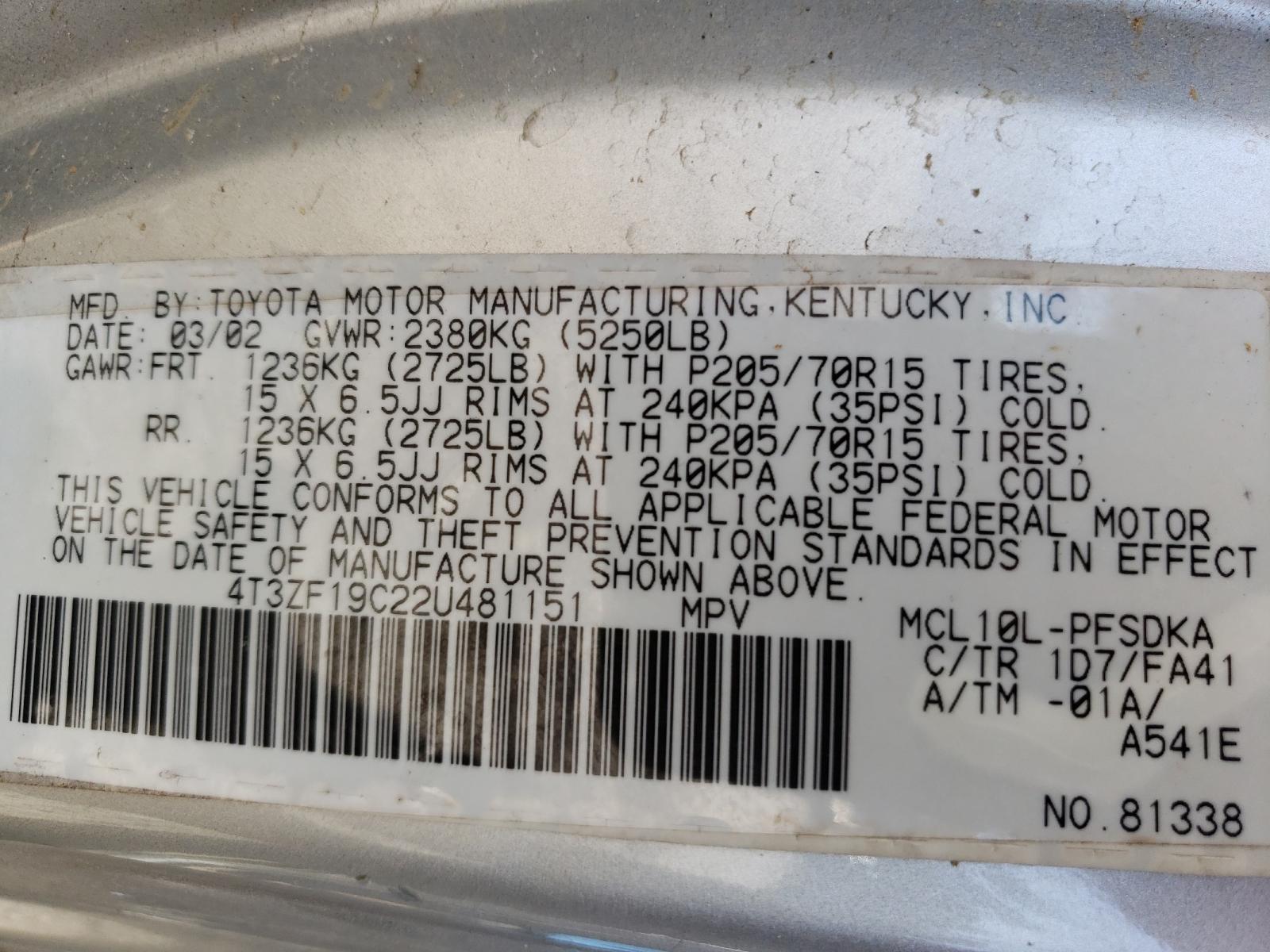 Photo 10 from auction – 2002 TOYOTA SIENNA CE with VIN 4T3ZF19C22U481151