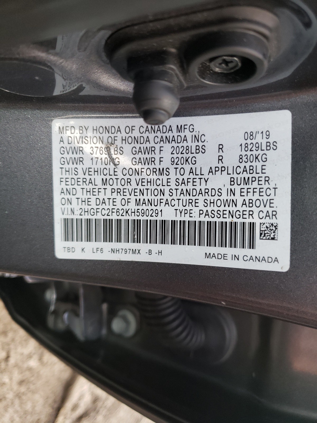 Photo 10 from auction – 2019 HONDA CIVIC LX with VIN 2HGFC2F62KH590291