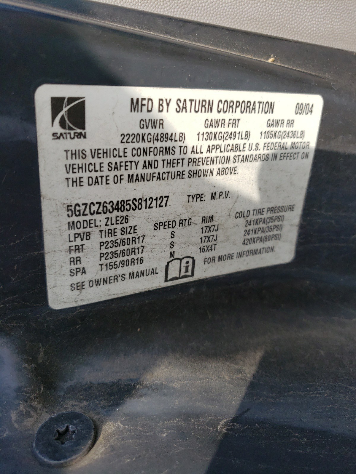 Photo 10 from auction – 2005 SATURN VUE with VIN 5GZCZ63485S812127