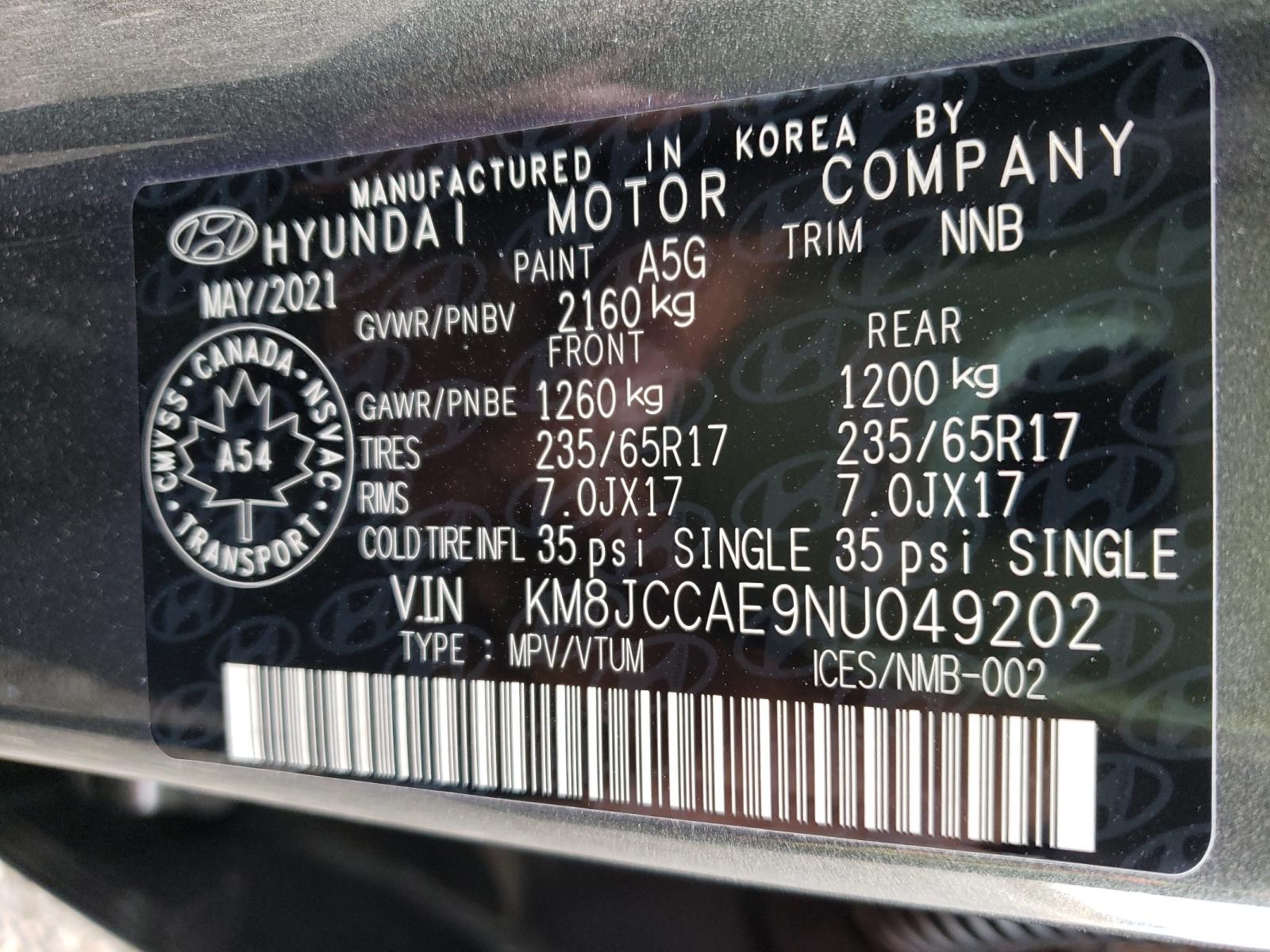 Photo 10 from auction – 2022 HYUNDAI TUCSON SEL with VIN KM8JCCAE9NU049202