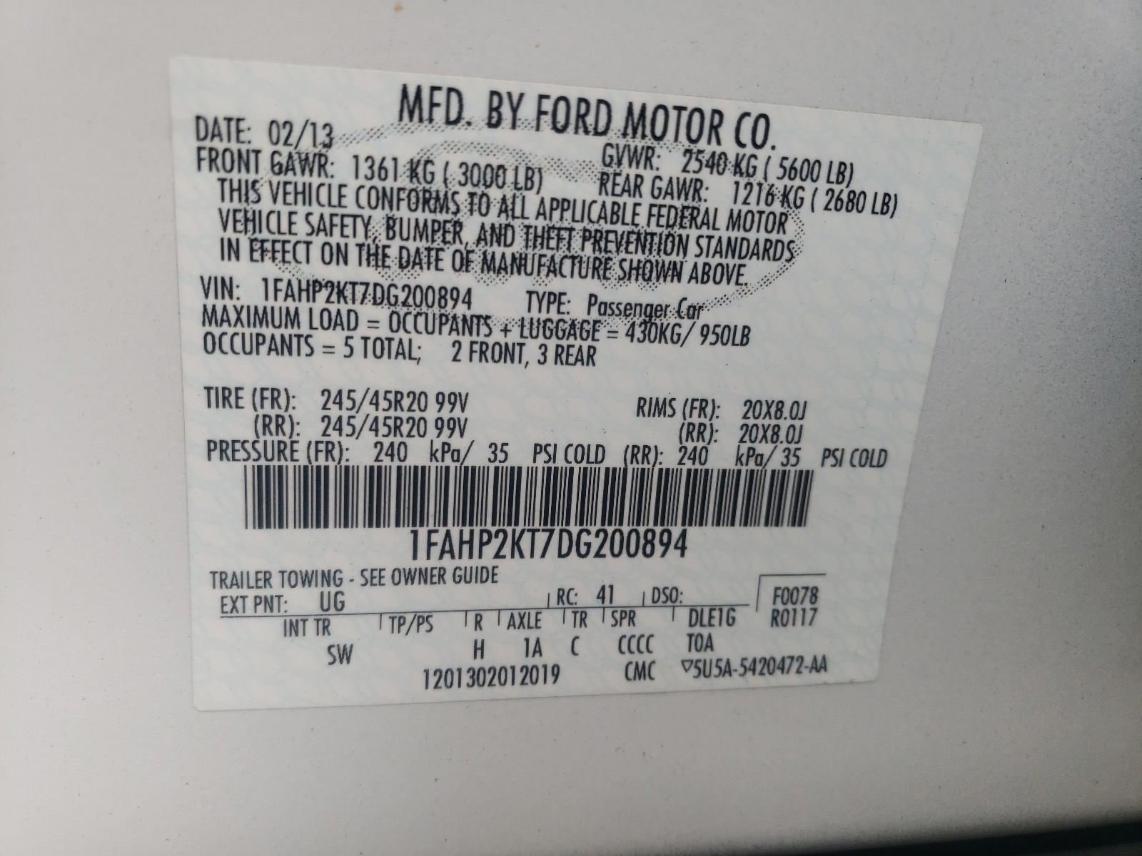 Photo 10 from auction – 2013 FORD TAURUS SHO with VIN 1FAHP2KT7DG200894