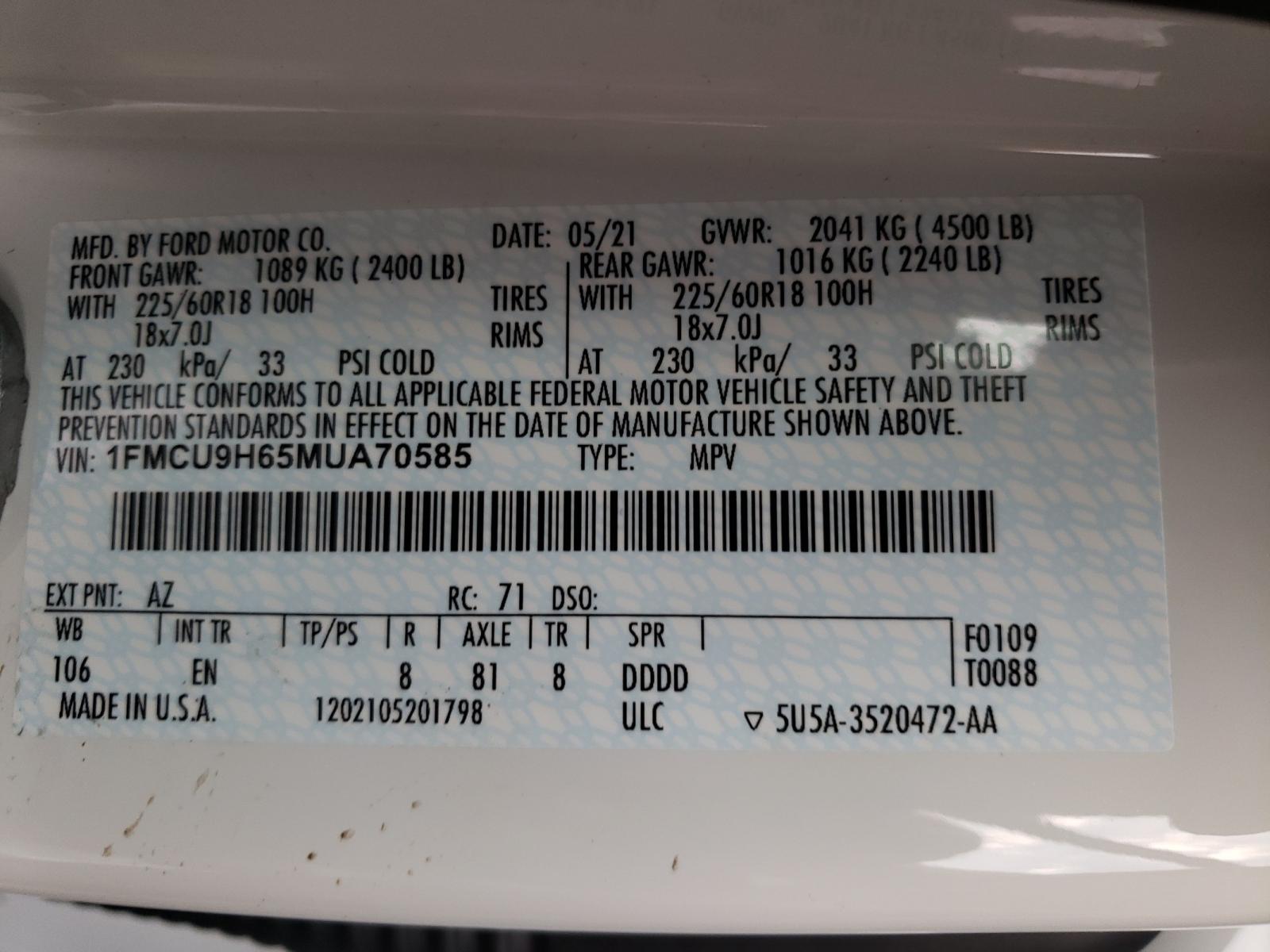 Photo 10 from auction – 2021 FORD ESCAPE SEL with VIN 1FMCU9H65MUA70585