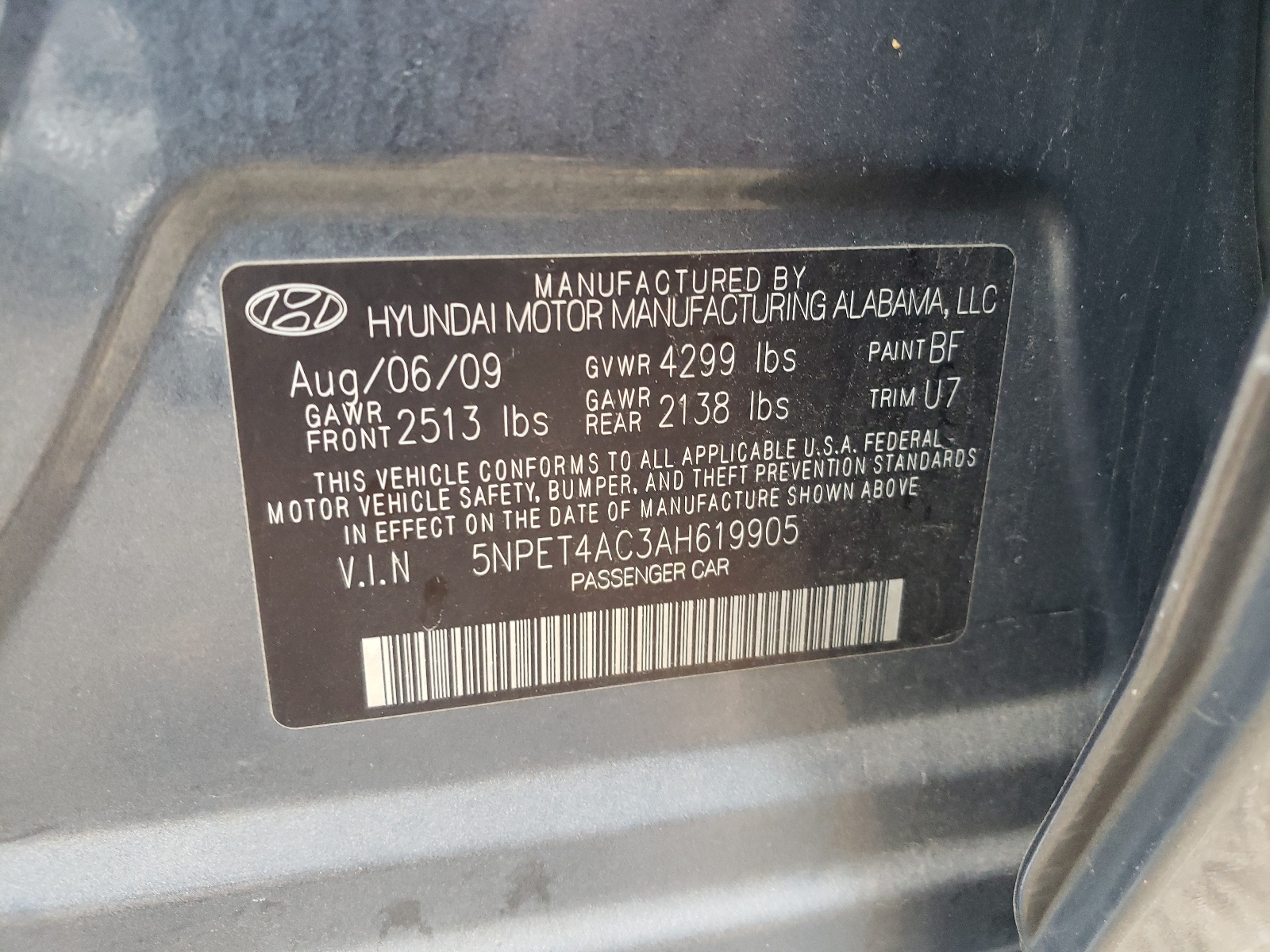 Photo 10 from auction – 2010 HYUNDAI SONATA GLS with VIN 5NPET4AC3AH619905