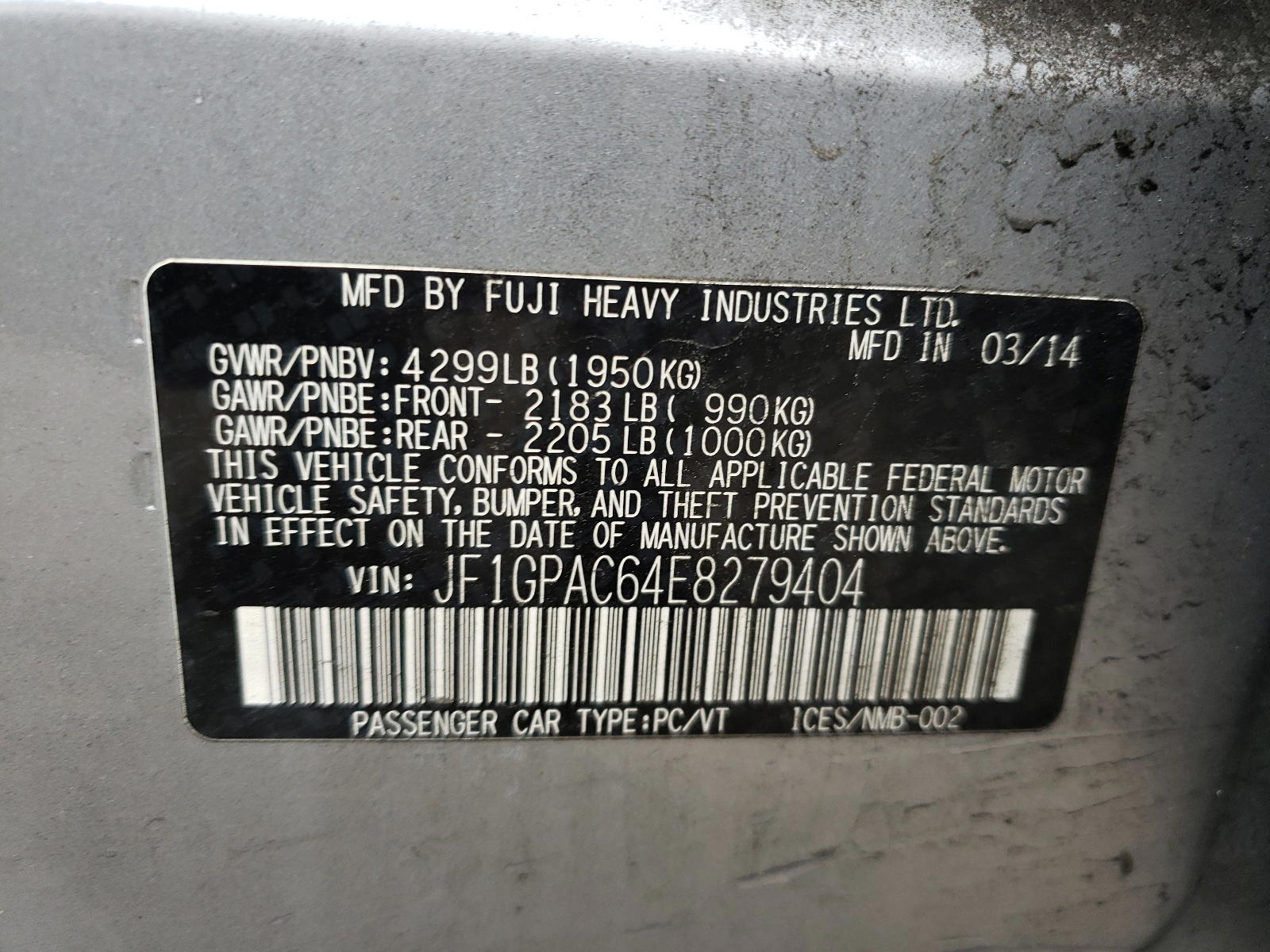 Photo 10 from auction – 2014 SUBARU IMPREZA PR with VIN JF1GPAC64E8279404