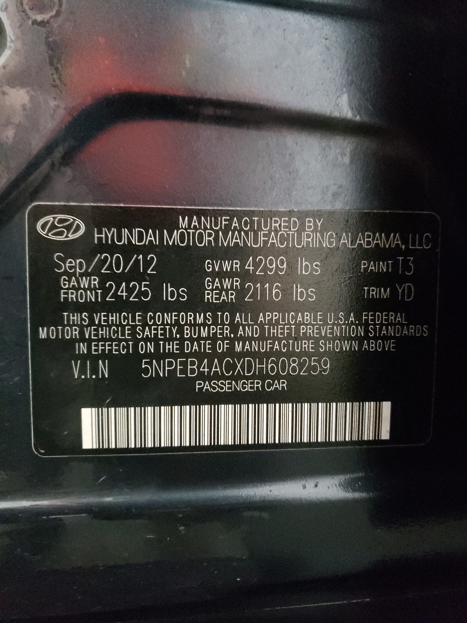 Photo 10 from auction – 2013 HYUNDAI SONATA GLS with VIN 5NPEB4ACXDH608259
