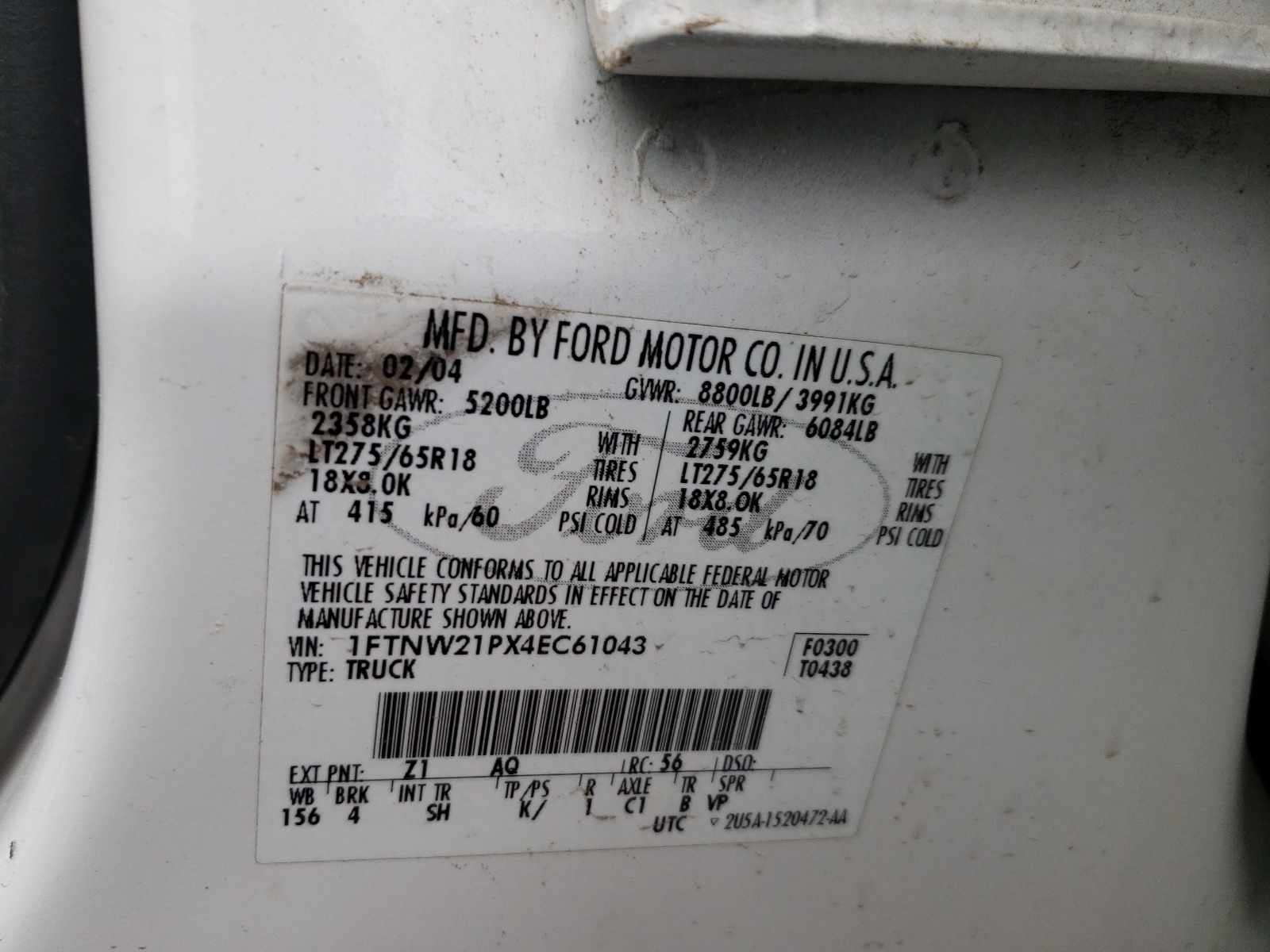 Photo 10 from auction – 2004 FORD F250 SUPER with VIN 1FTNW21PX4EC61043