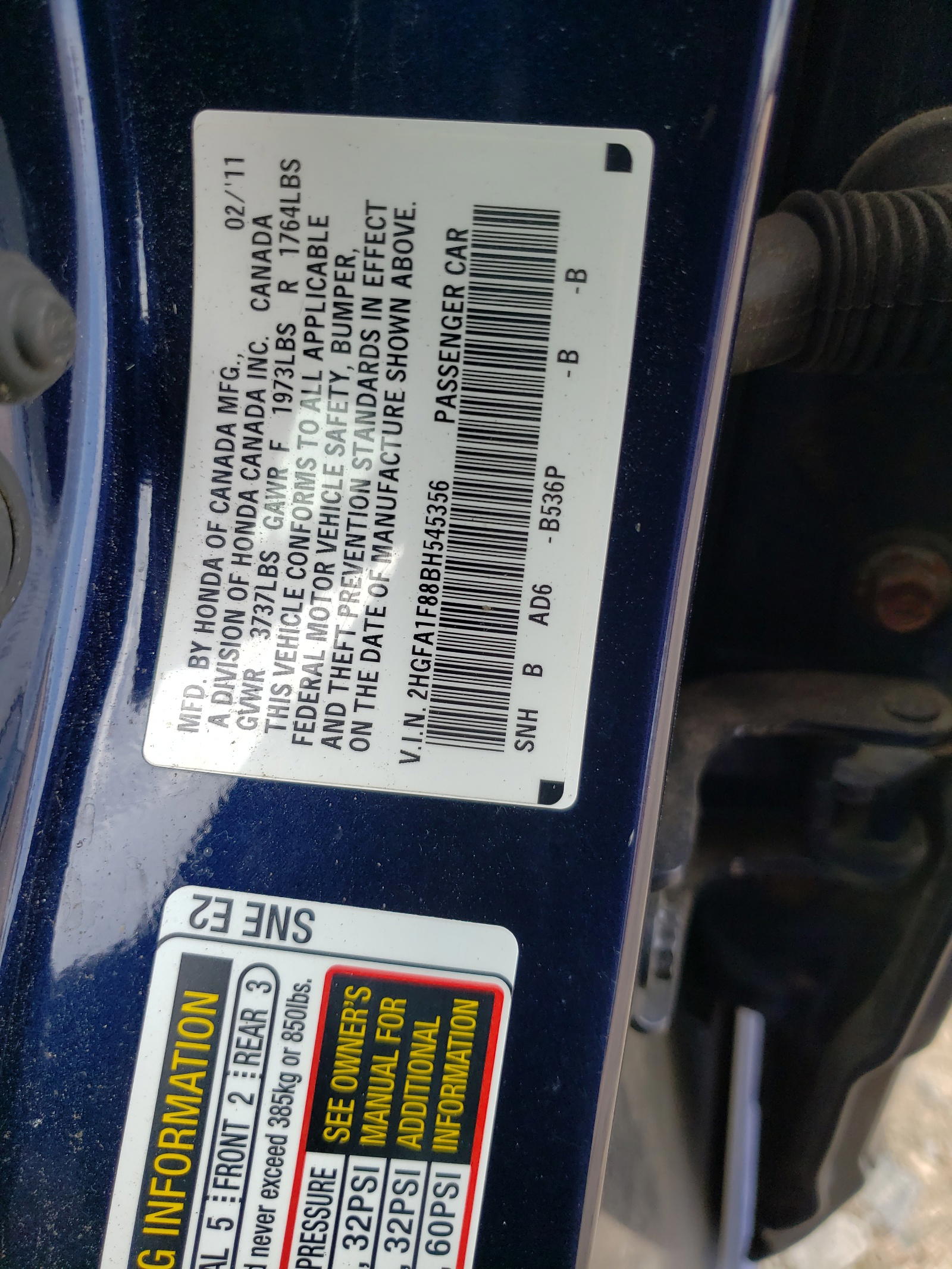 Photo 10 from auction – 2011 HONDA CIVIC EX with VIN 2HGFA1F88BH545356