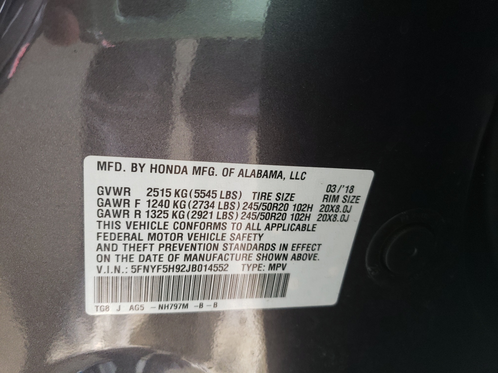 Photo 10 from auction – 2018 HONDA PILOT TOUR with VIN 5FNYF5H92JB014552