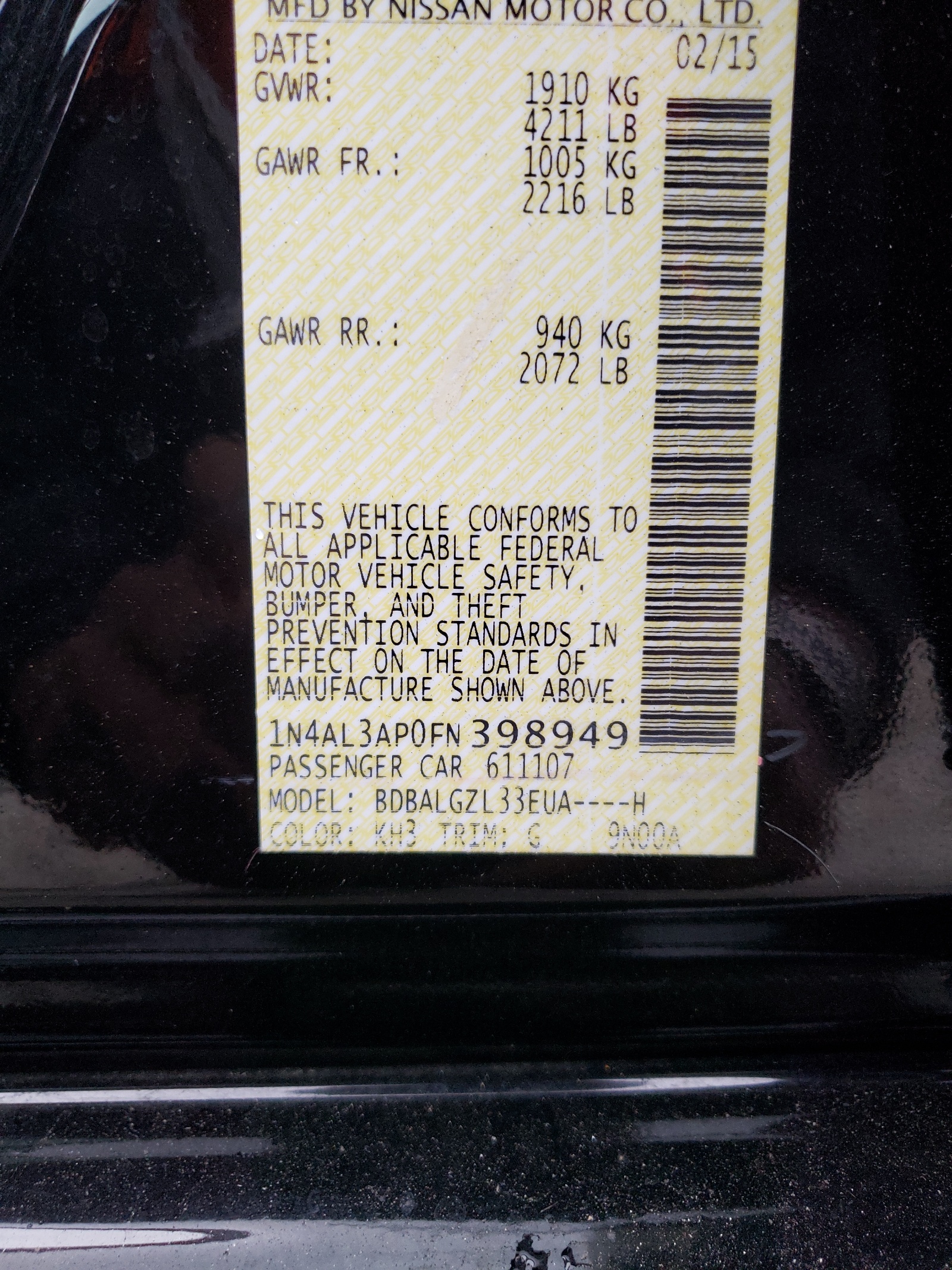 Photo 10 from auction – 2015 NISSAN ALTIMA 2.5 with VIN 1N4AL3AP0FN398949