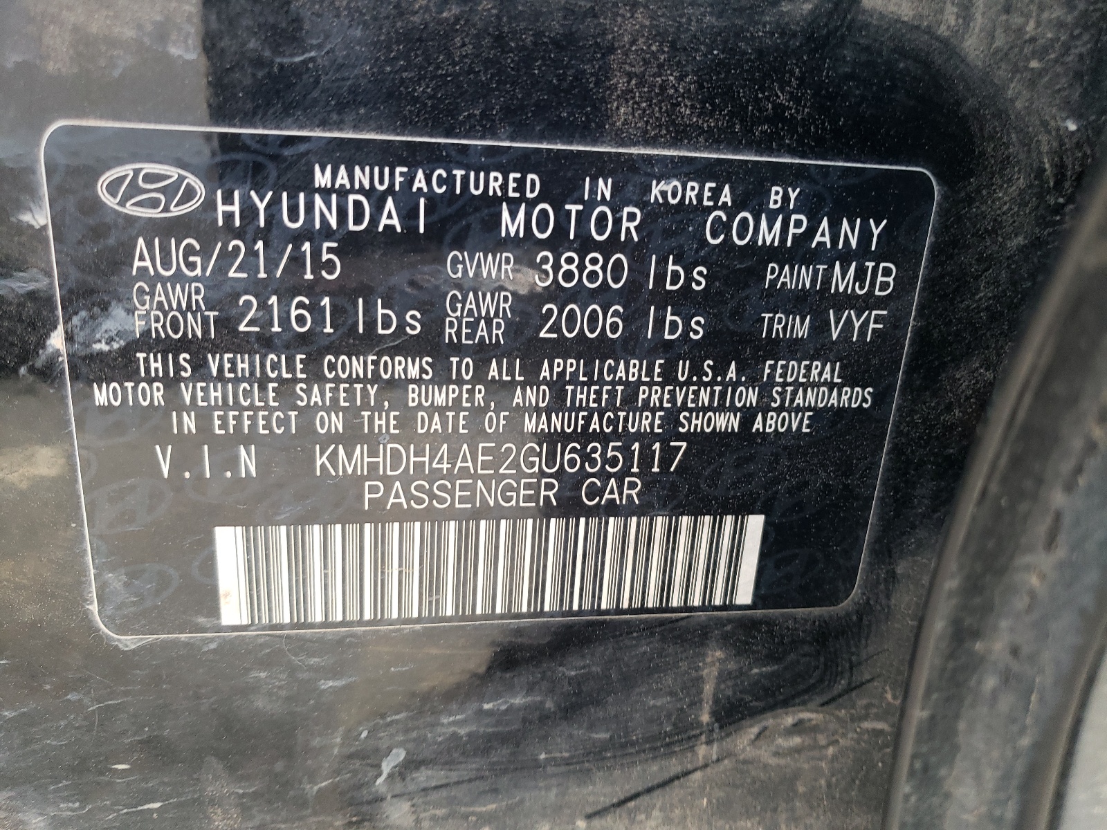 Photo 10 from auction – 2016 HYUNDAI ELANTRA SE with VIN KMHDH4AE2GU635117