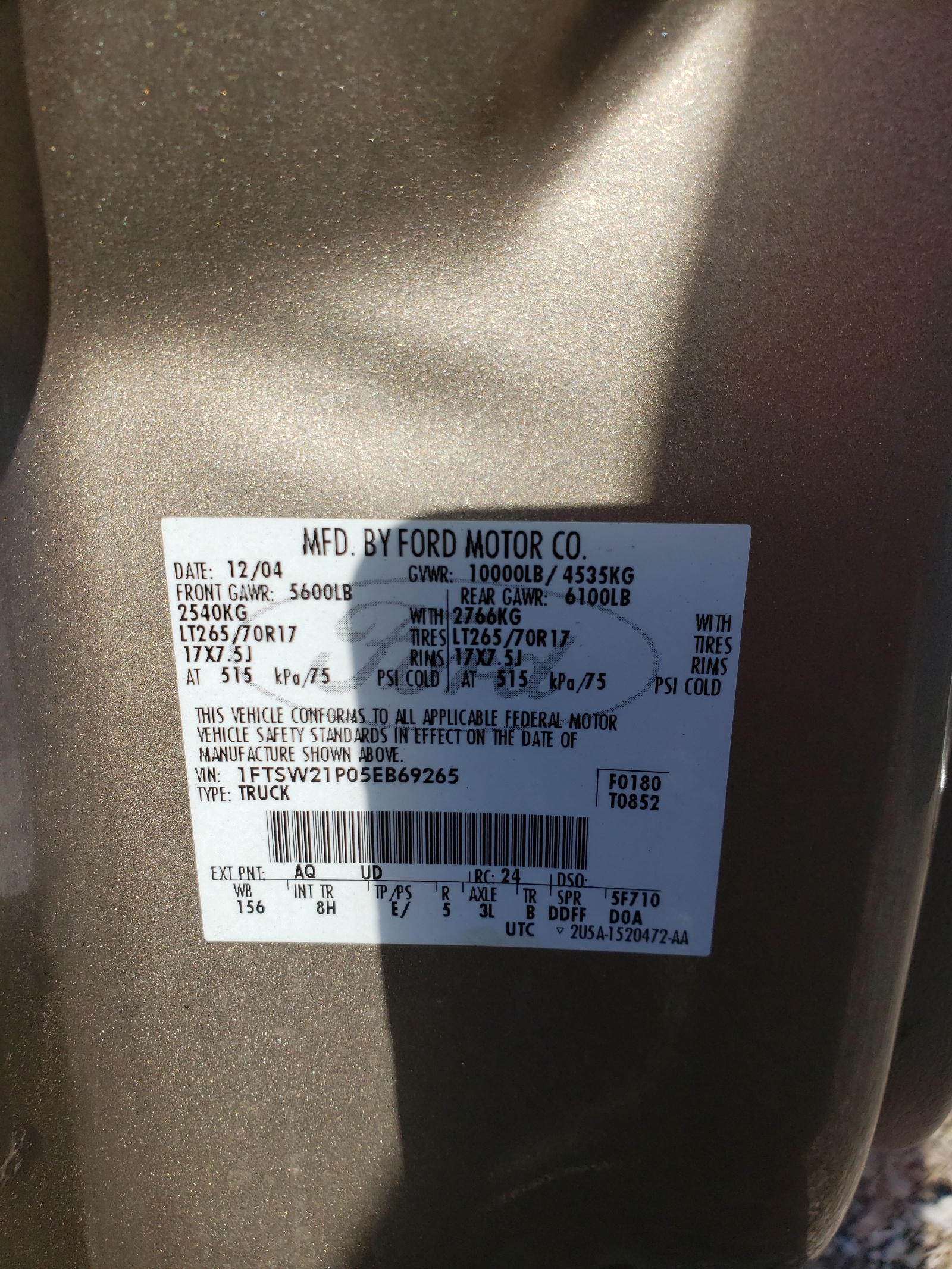 Photo 10 from auction – 2005 FORD F250 SUPER with VIN 1FTSW21P05EB69265