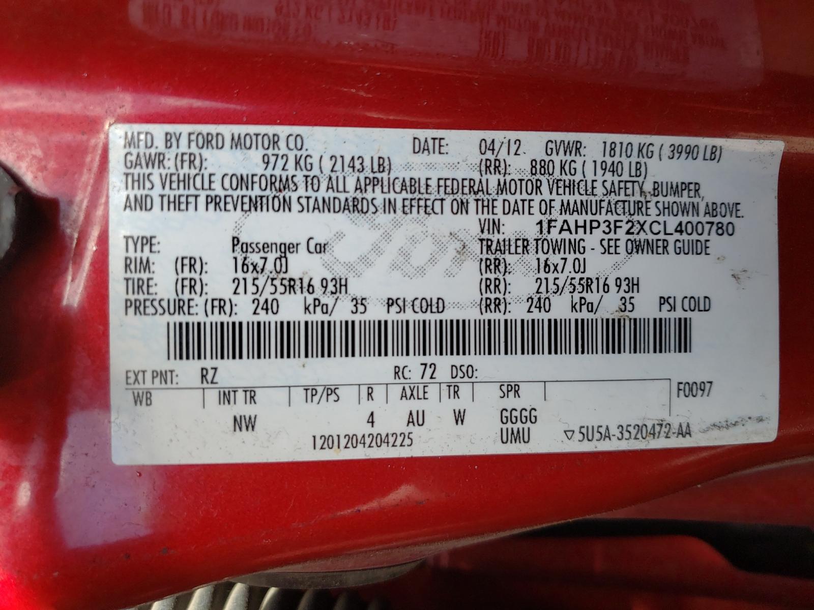 Photo 10 from auction – 2012 FORD FOCUS SE with VIN 1FAHP3F2XCL400780