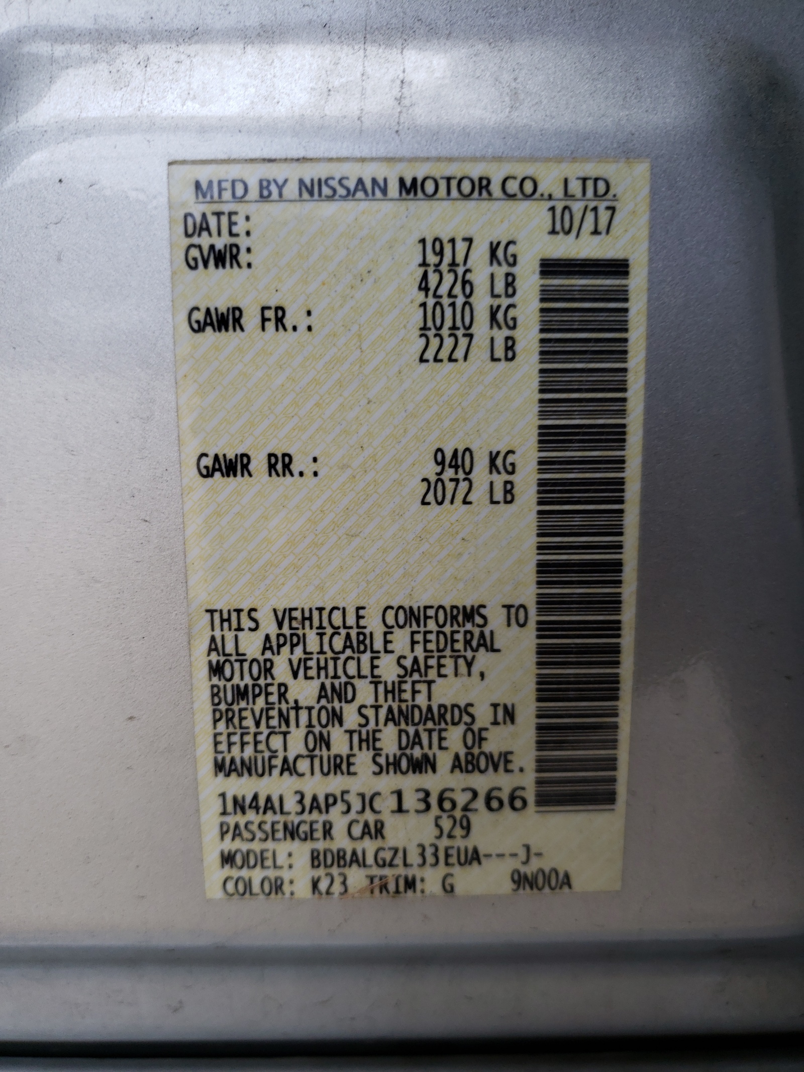 Photo 10 from auction – 2018 NISSAN ALTIMA 2.5 with VIN 1N4AL3AP5JC136266