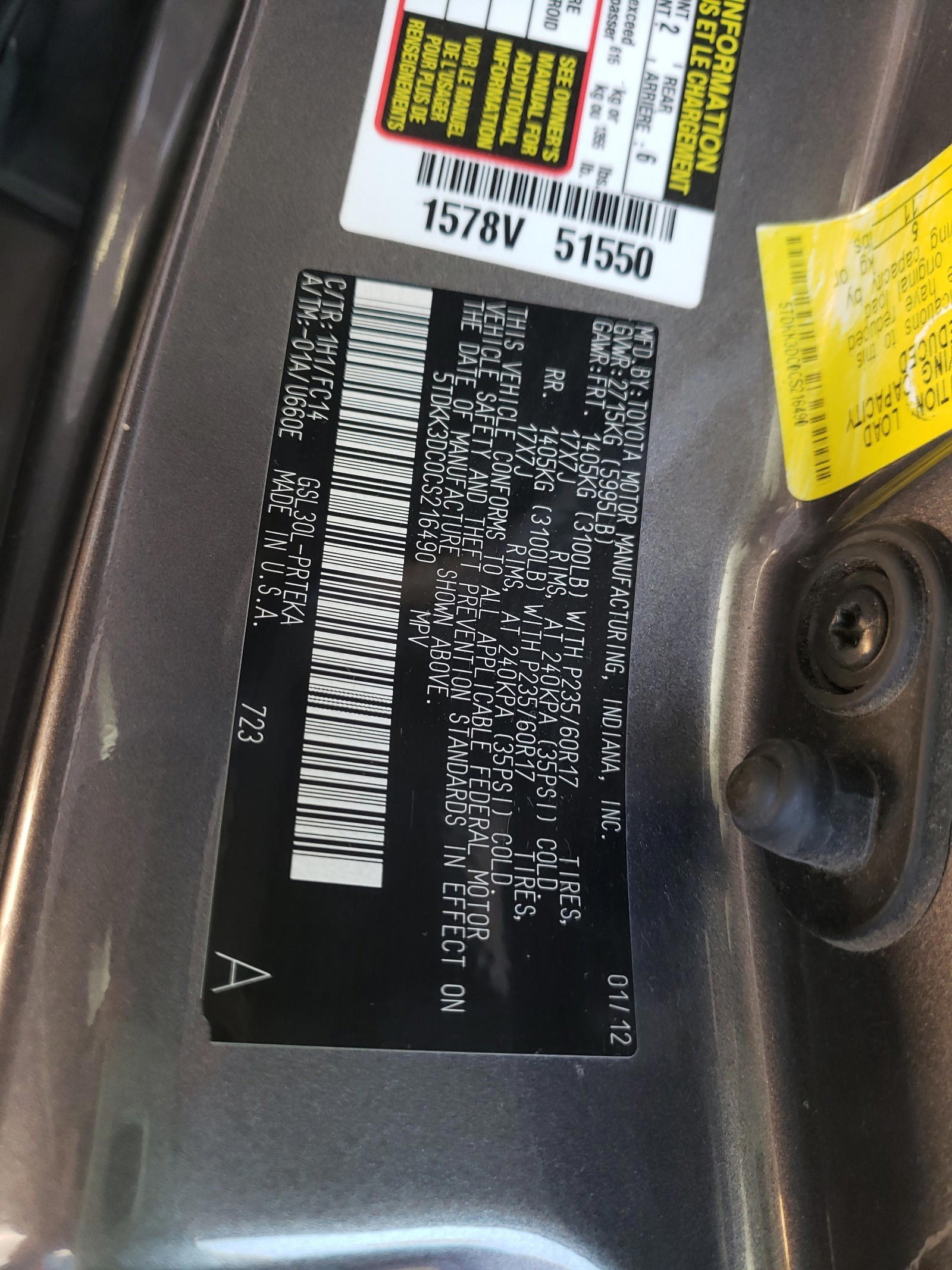 Photo 10 from auction – 2012 TOYOTA SIENNA LE with VIN 5TDKK3DC0CS216490