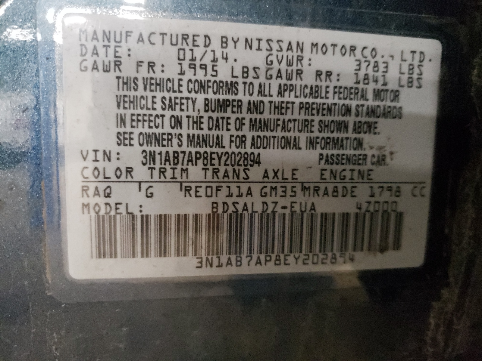 Photo 10 from auction – 2014 NISSAN SENTRA S with VIN 3N1AB7AP8EY202894