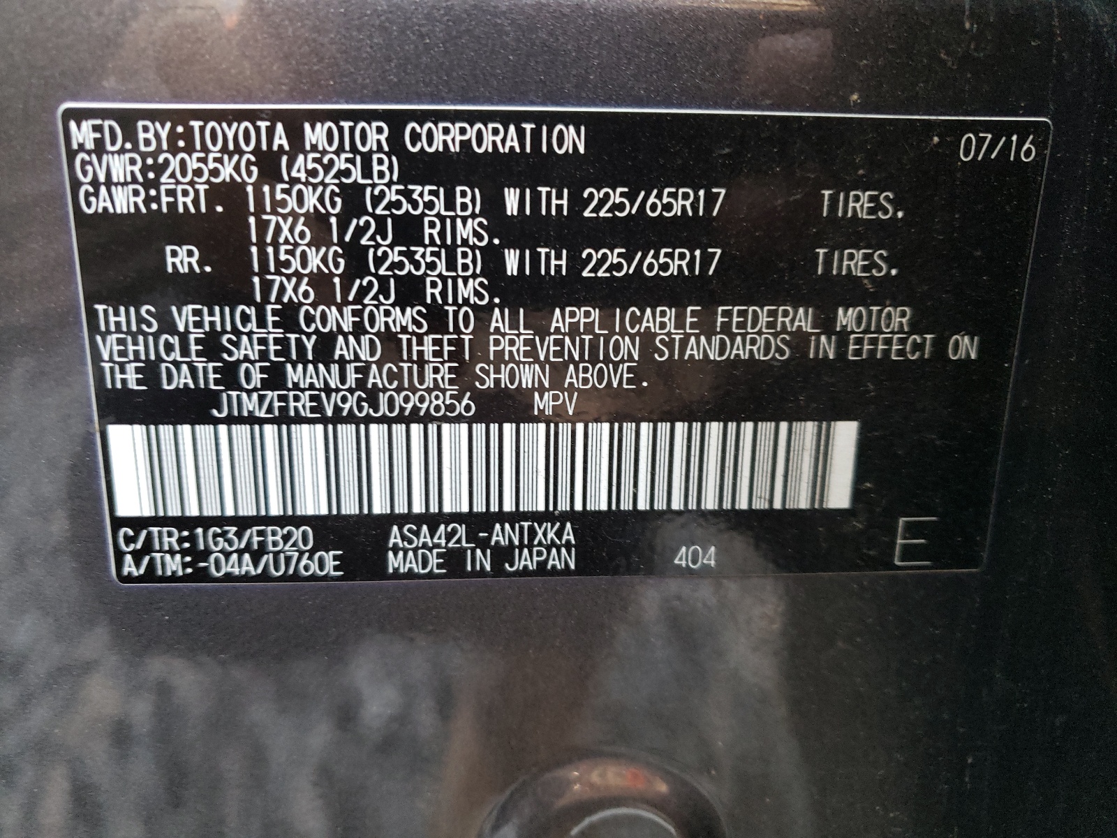 Photo 10 from auction – 2016 TOYOTA RAV4 LE with VIN JTMZFREV9GJ099856