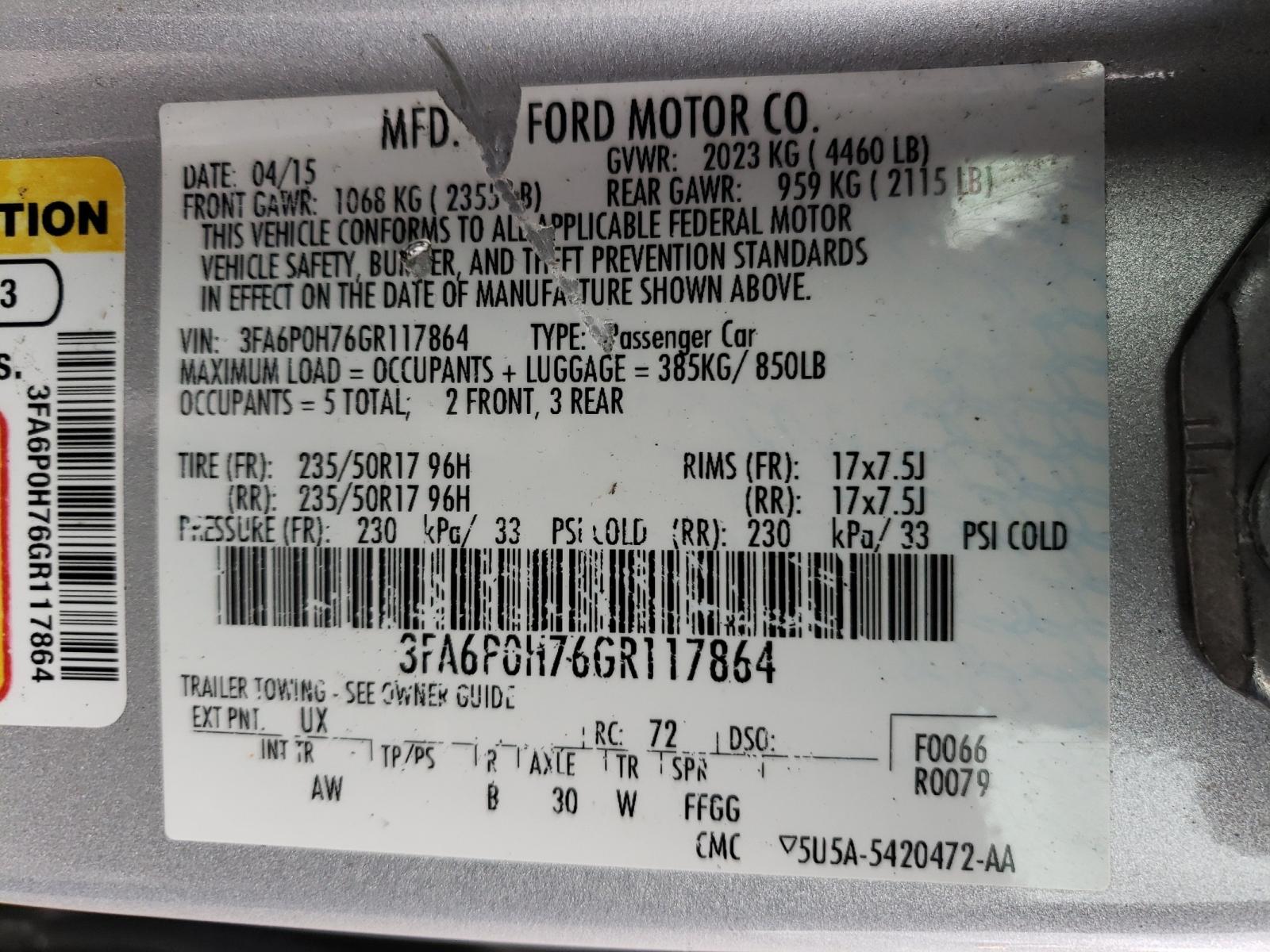 Photo 10 from auction – 2015 FORD FUSION SE with VIN 3FA6P0H76GR117864