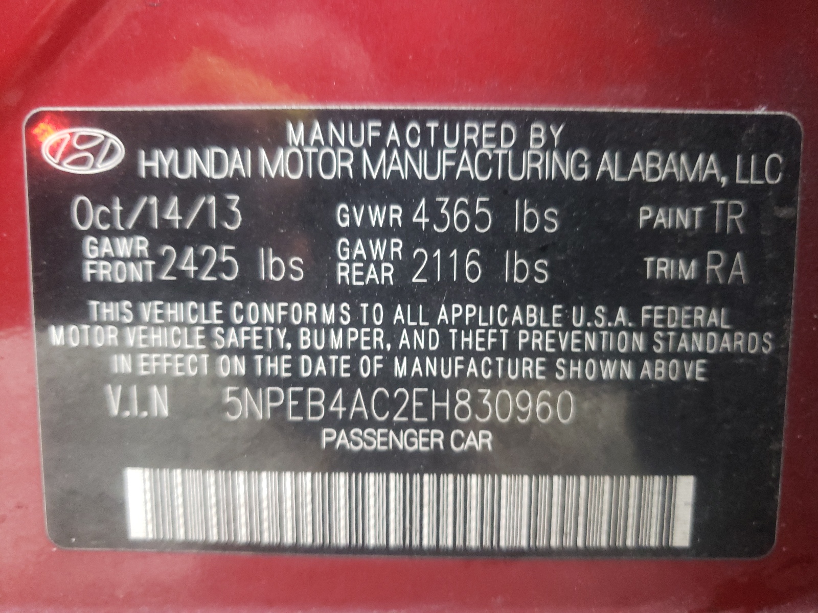 Photo 10 from auction – 2014 HYUNDAI SONATA GLS with VIN 5NPEB4AC2EH830960