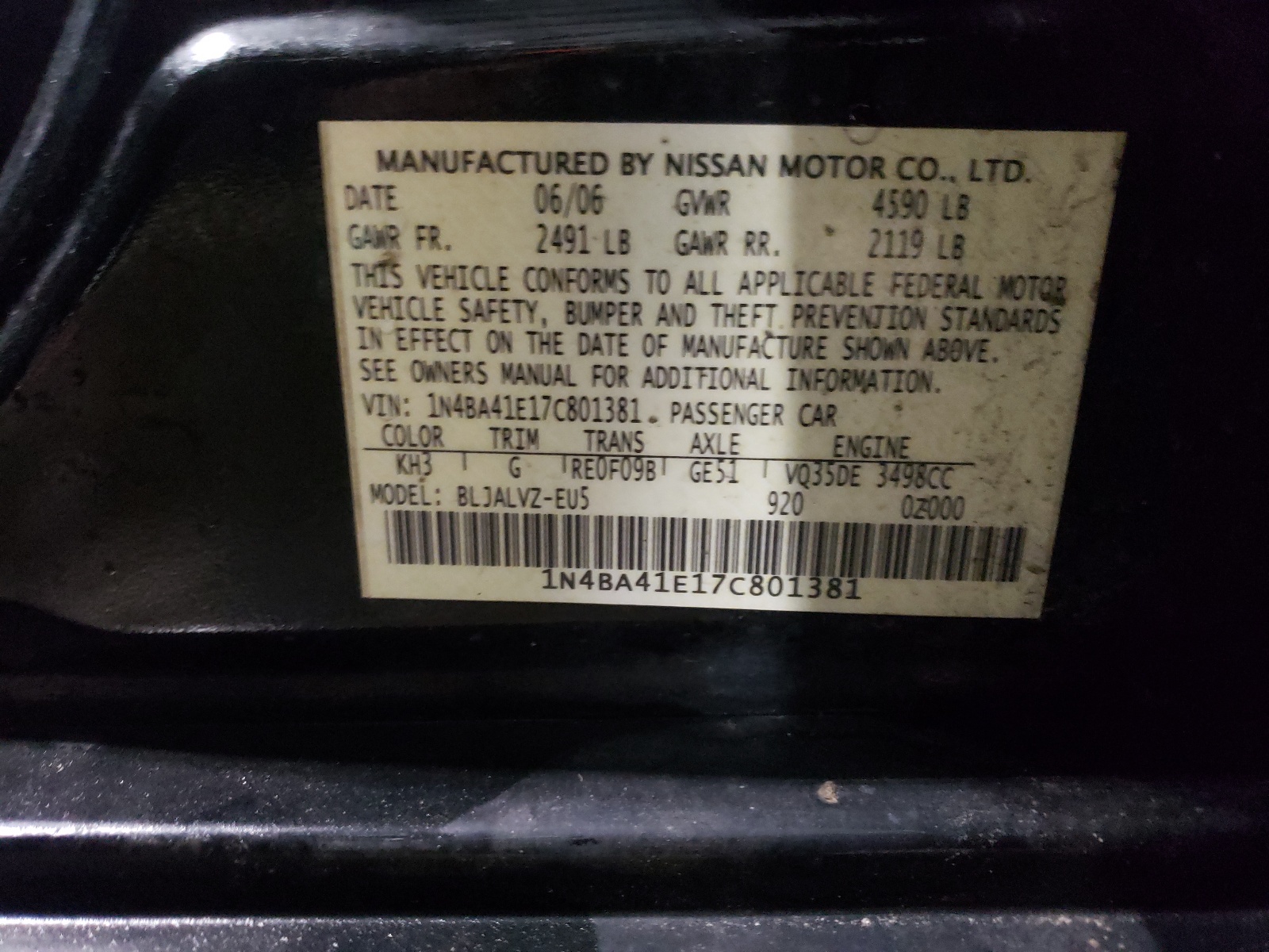 Photo 10 from auction – 2007 NISSAN MAXIMA SE with VIN 1N4BA41E17C801381