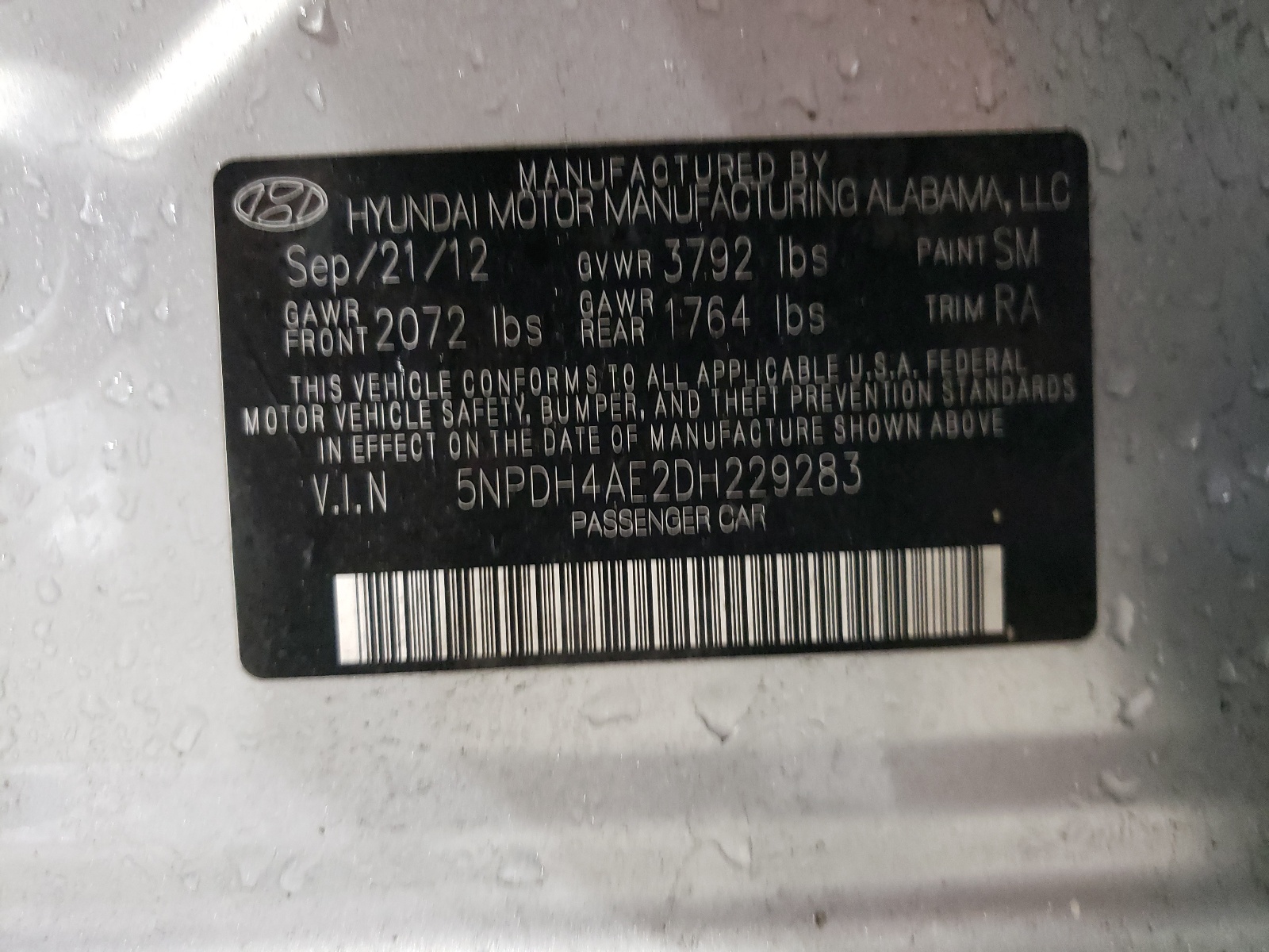 Photo 10 from auction – 2013 HYUNDAI ELANTRA GL with VIN 5NPDH4AE2DH229283