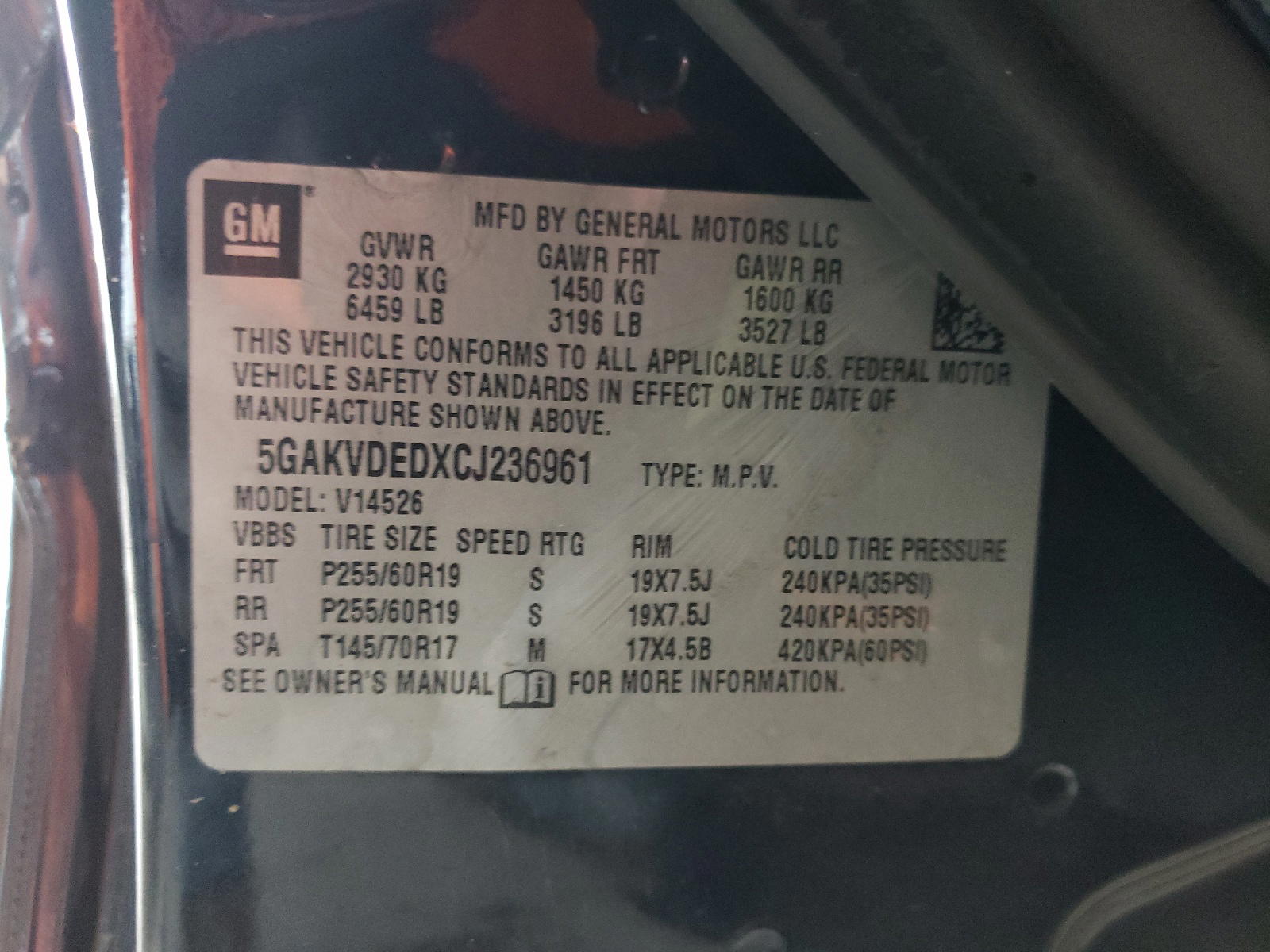 Photo 10 from auction – 2012 BUICK ENCLAVE with VIN 5GAKVDEDXCJ236961