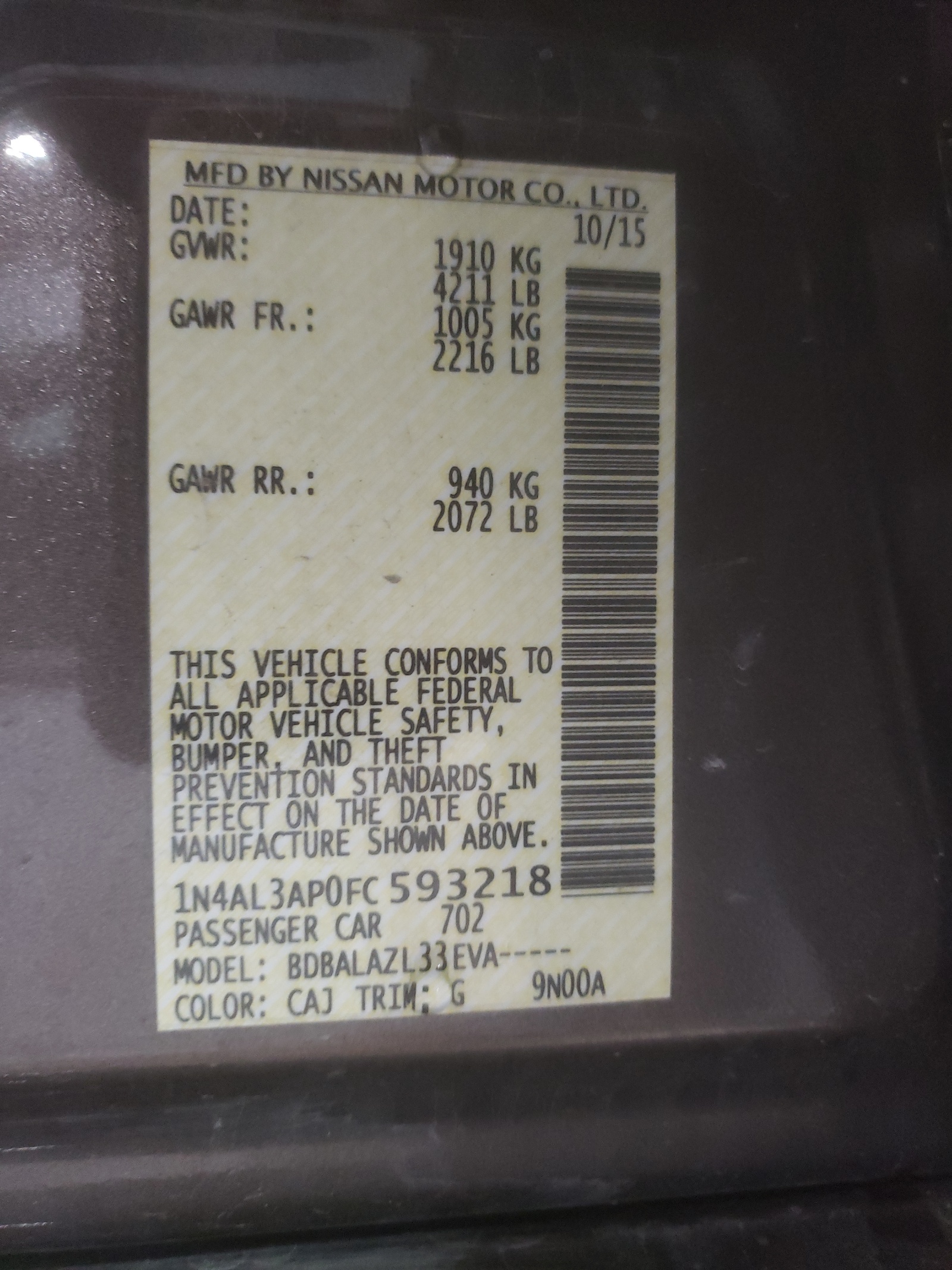 Photo 10 from auction – 2015 NISSAN ALTIMA 2.5 with VIN 1N4AL3AP0FC593218