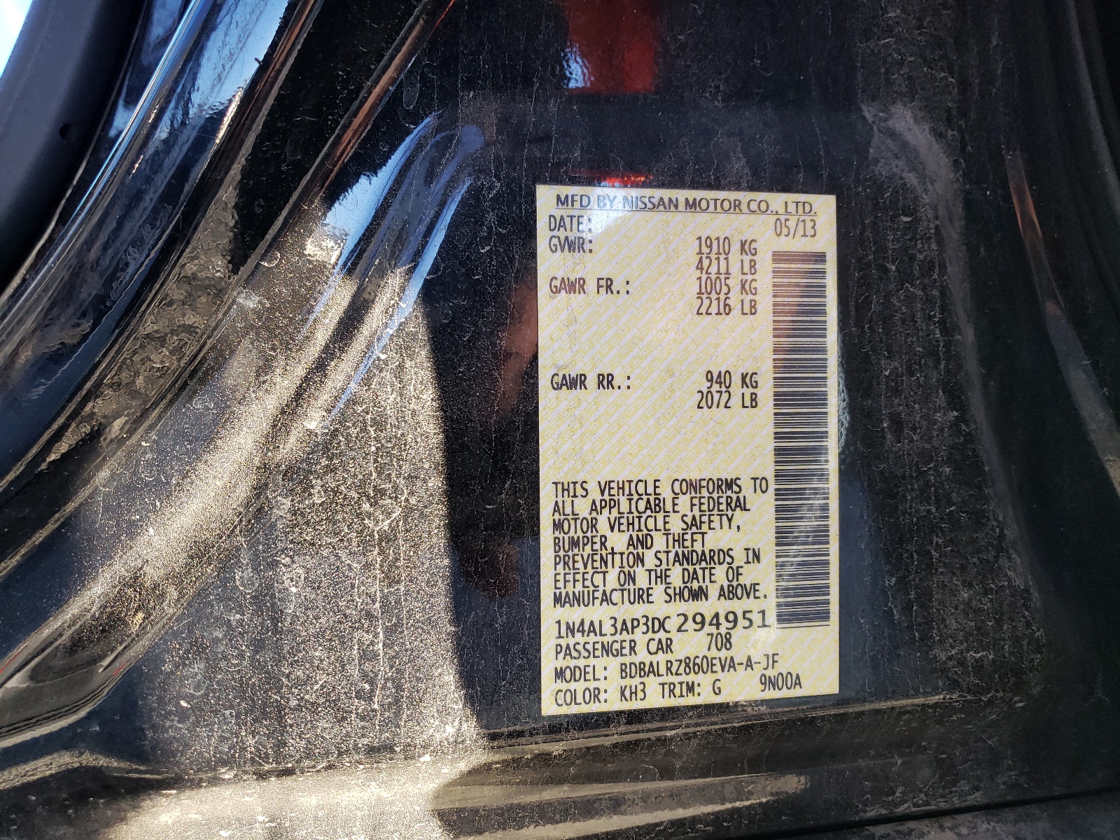 Photo 10 from auction – 2013 NISSAN ALTIMA 2.5 with VIN 1N4AL3AP3DC294951